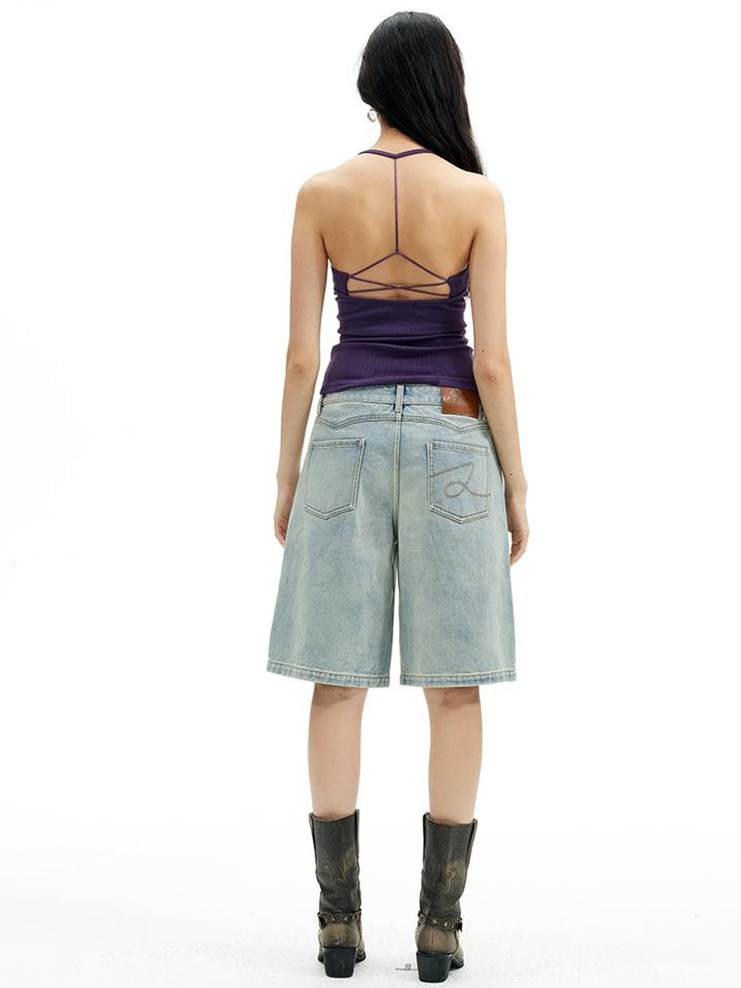 AFTADAWN High Neck Ribbed Cotton Backless Beaded Detail Tank Top