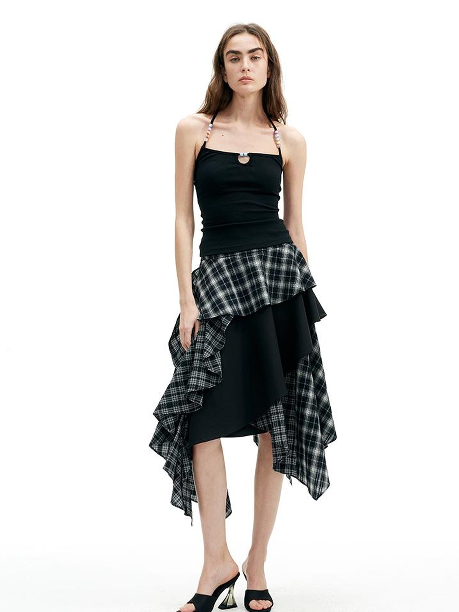 AFTADAWN High Neck Ribbed Cotton Backless Beaded Detail Tank Top