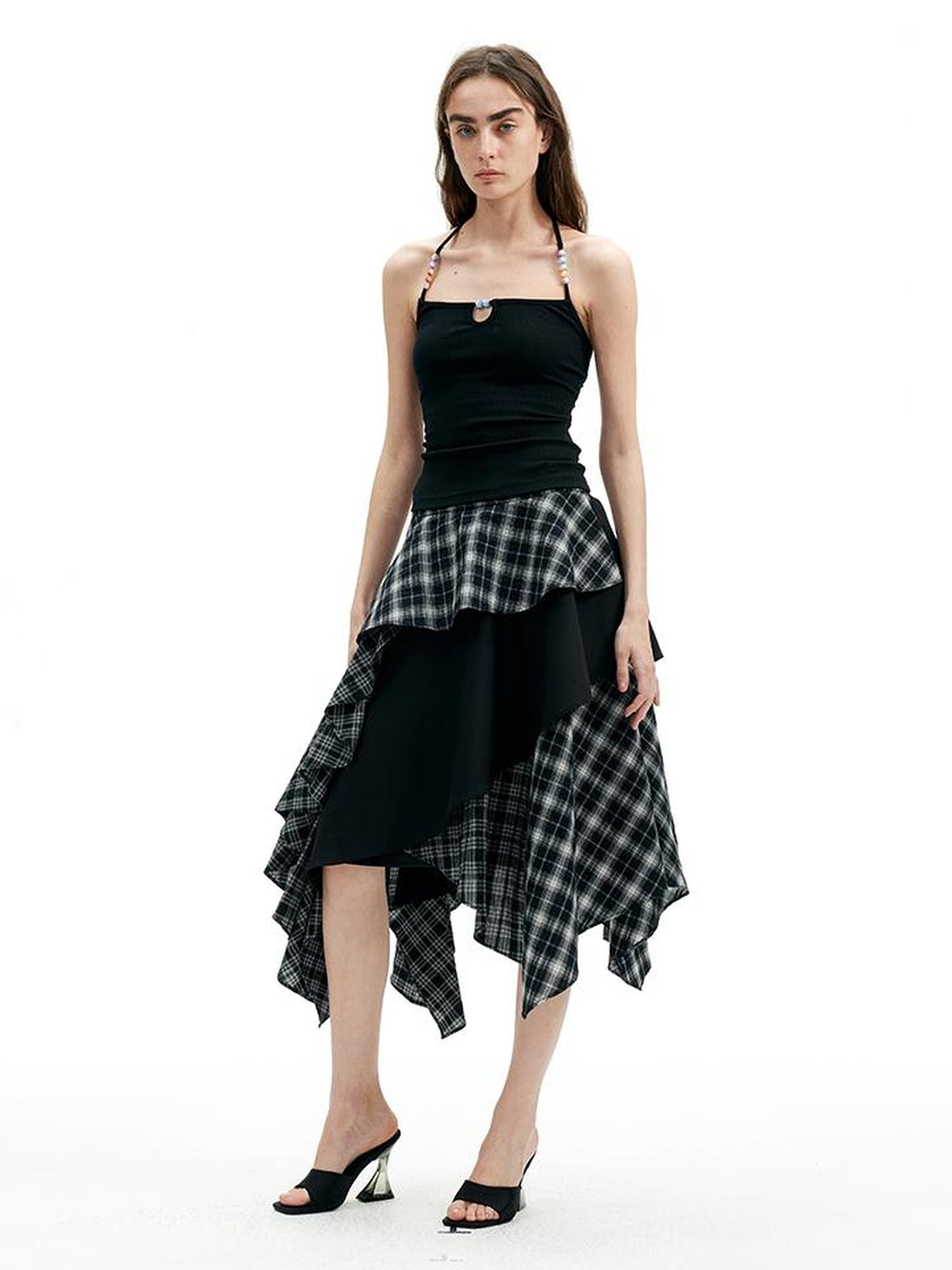 AFTADAWN High Neck Ribbed Cotton Backless Beaded Detail Tank Top