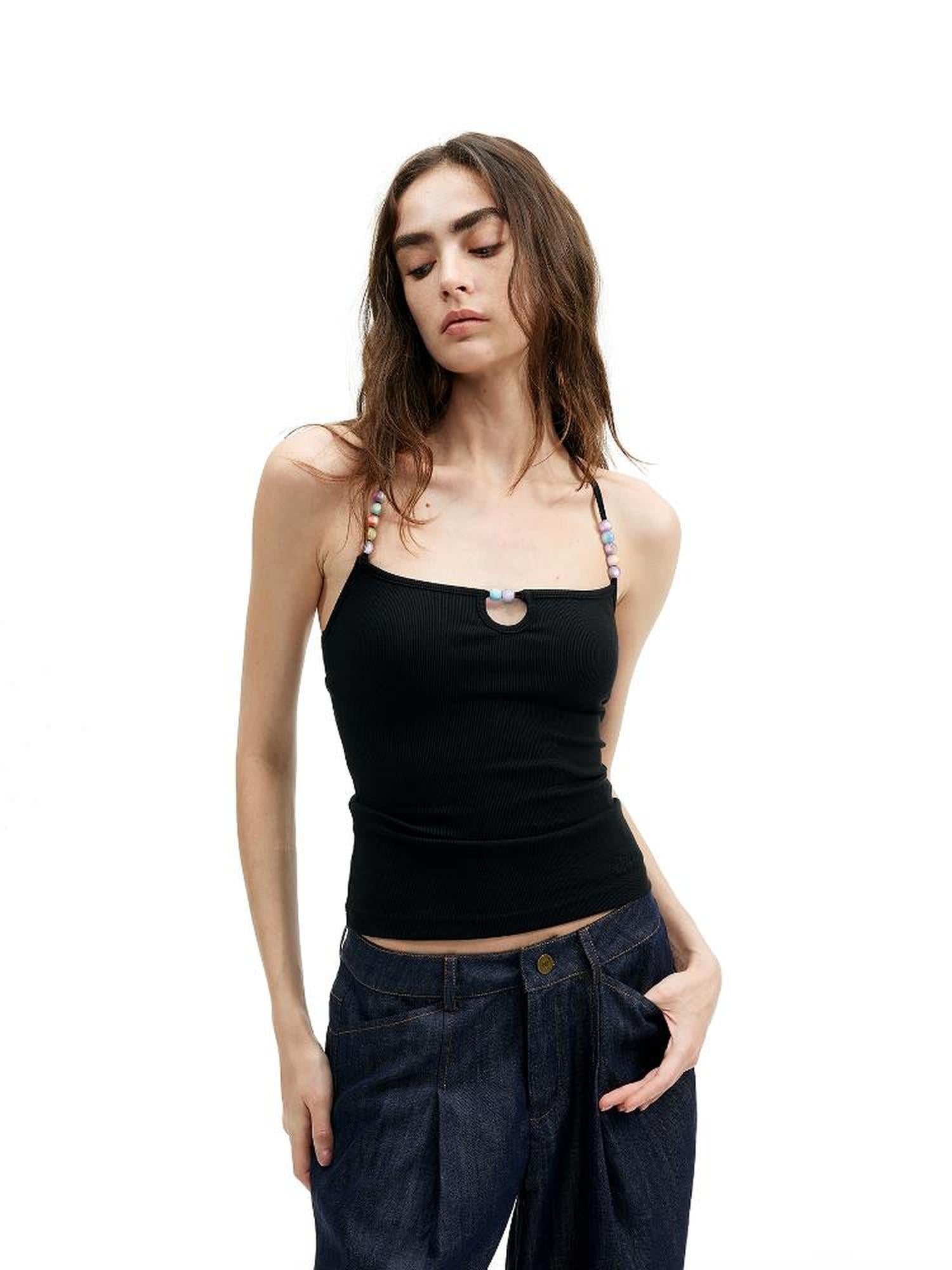 AFTADAWN High Neck Ribbed Cotton Backless Beaded Detail Tank Top