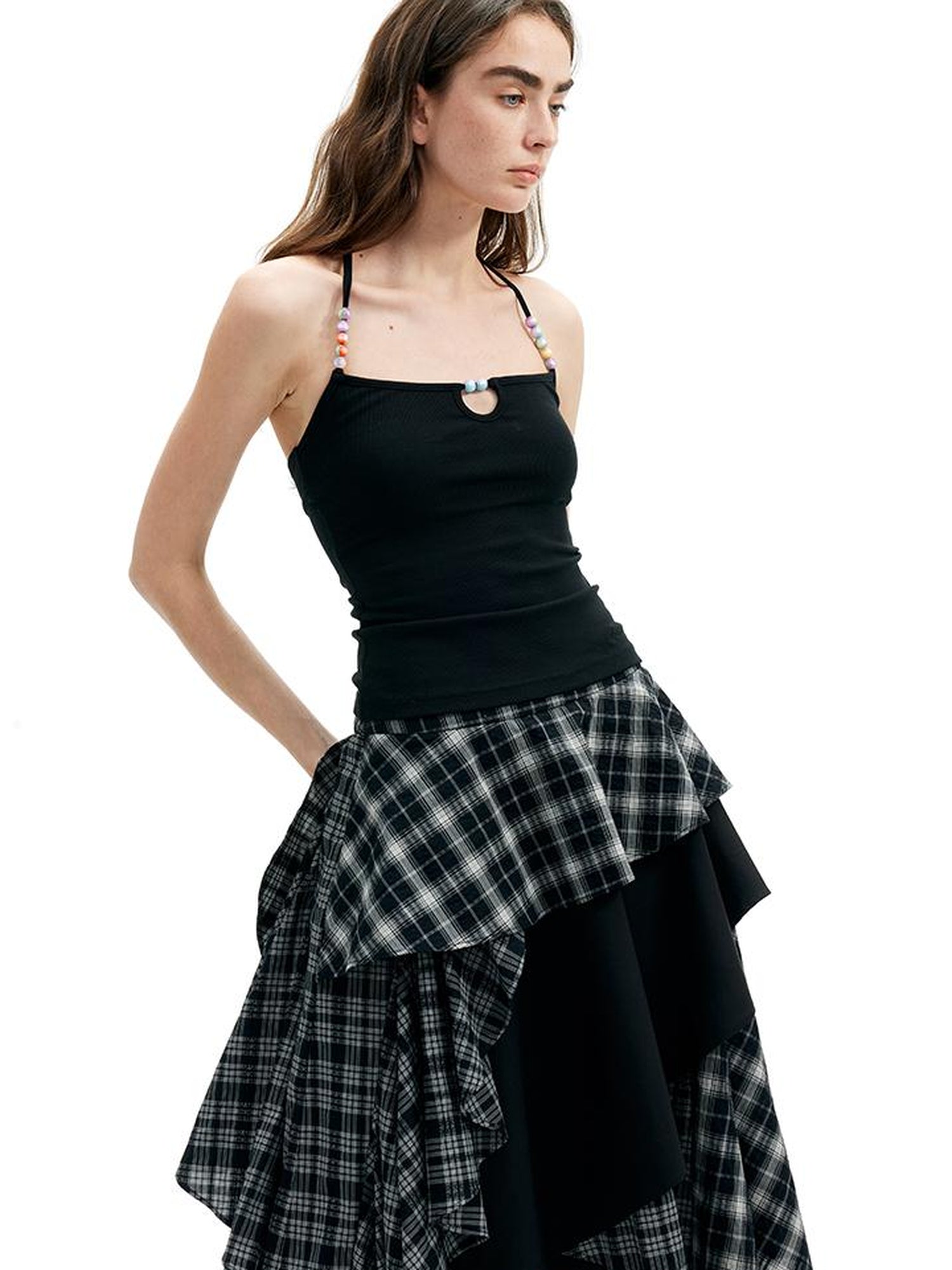 AFTADAWN High Neck Ribbed Cotton Backless Beaded Detail Tank Top