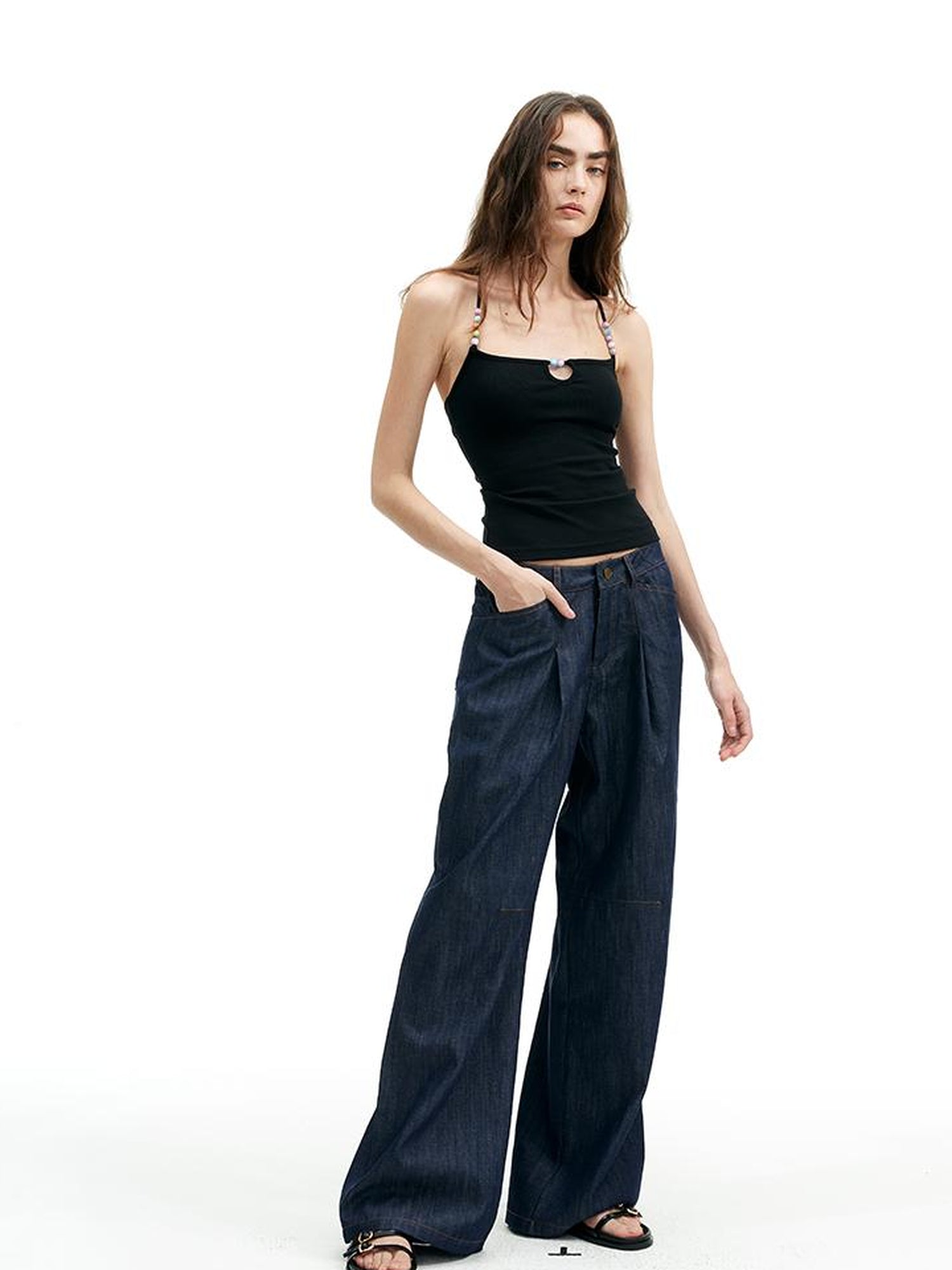 AFTADAWN High Neck Ribbed Cotton Backless Beaded Detail Tank Top