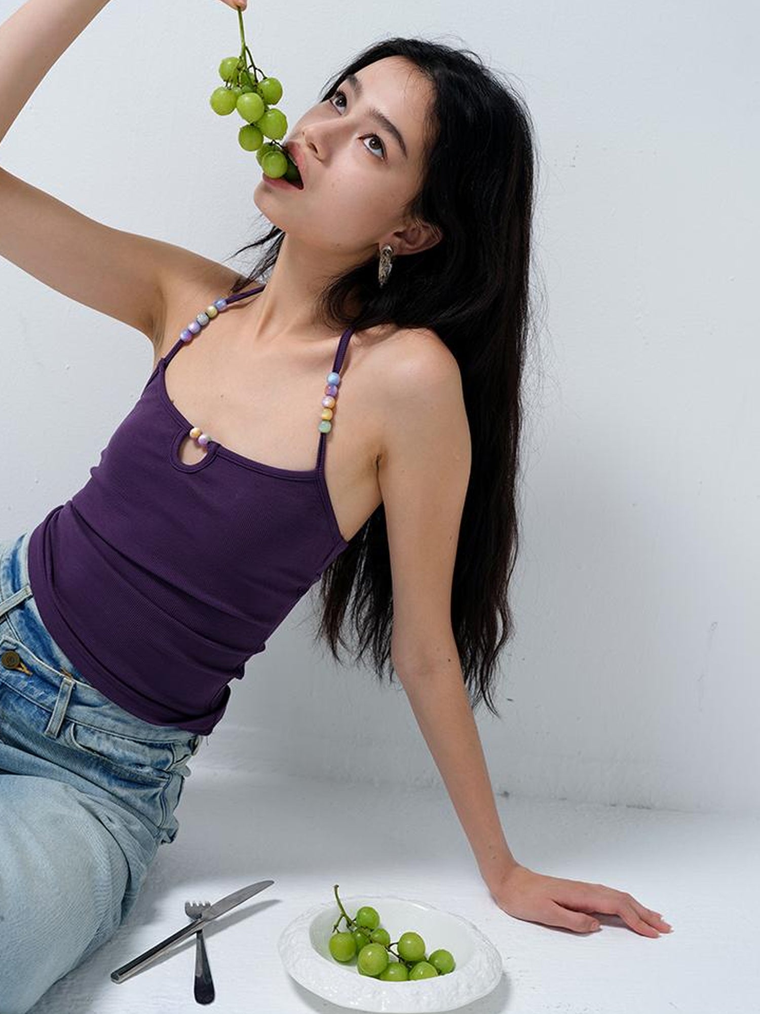 AFTADAWN High Neck Ribbed Cotton Backless Beaded Detail Tank Top