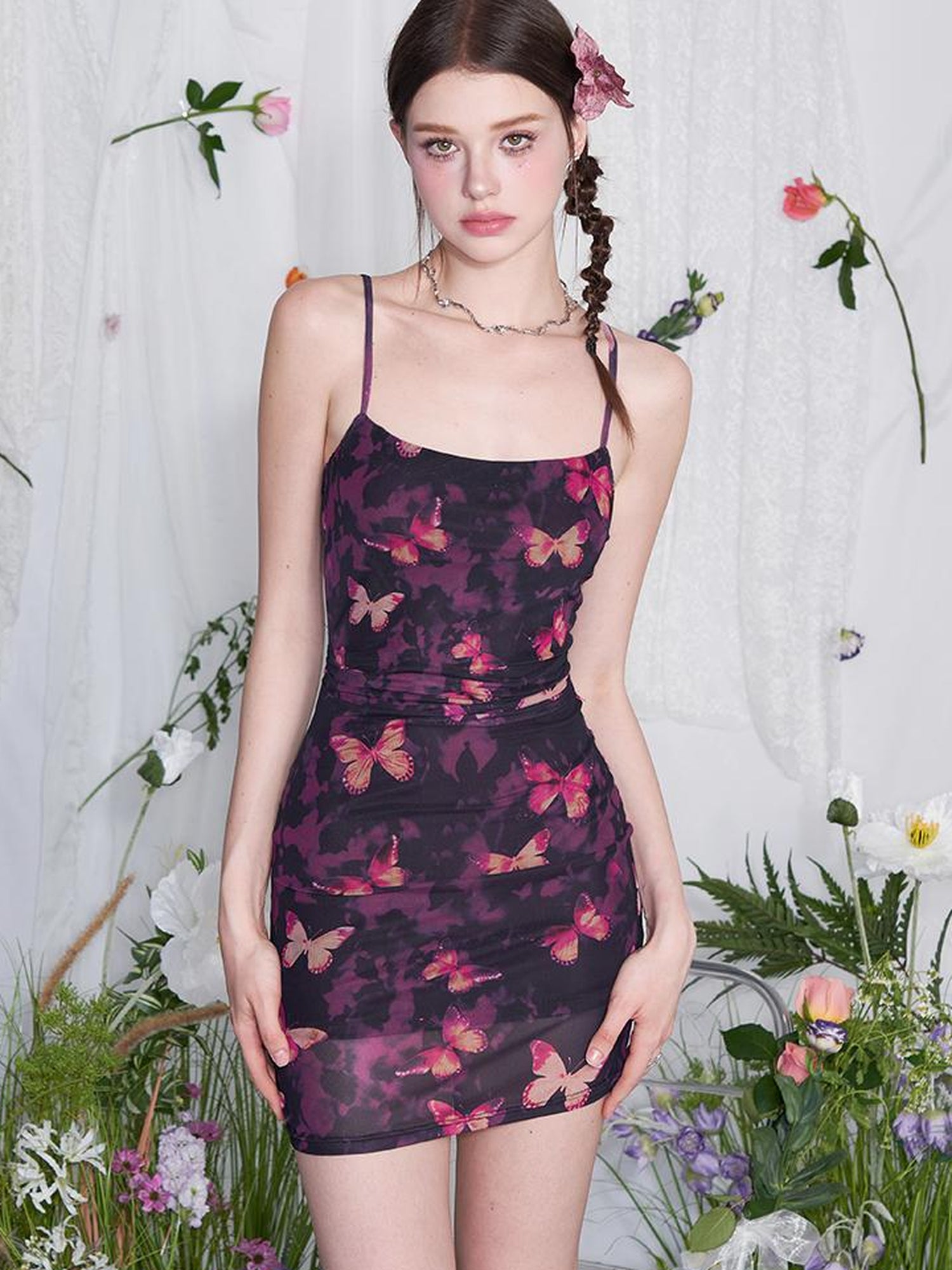 AFTADAWN Iris Dream Butterfly Print Wrap Waist Bodycon Slip Dress