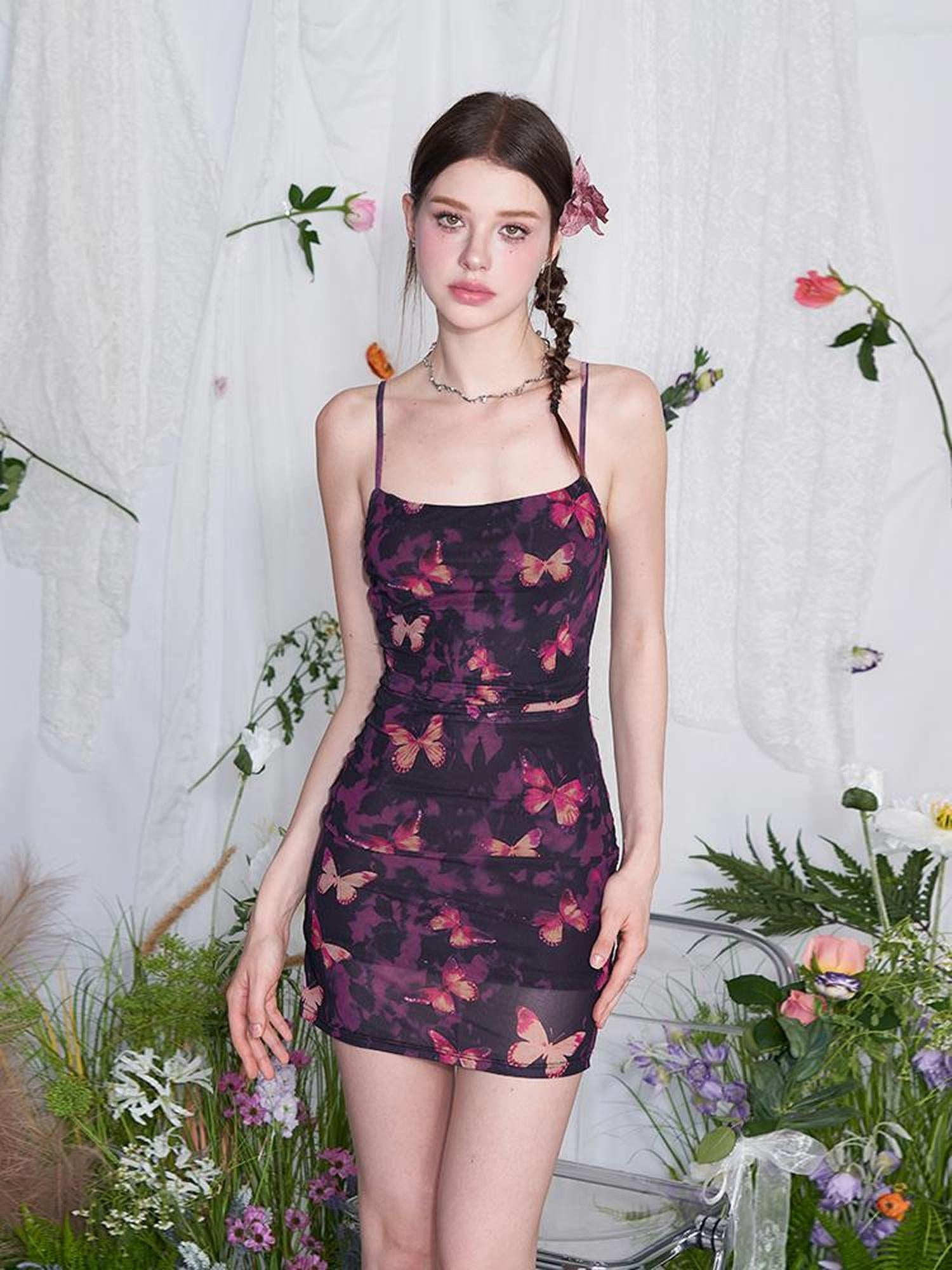 AFTADAWN Iris Dream Butterfly Print Wrap Waist Bodycon Slip Dress