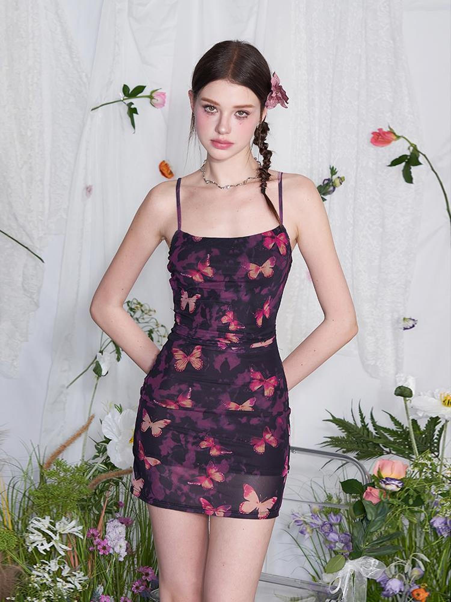 AFTADAWN Iris Dream Butterfly Print Wrap Waist Bodycon Slip Dress