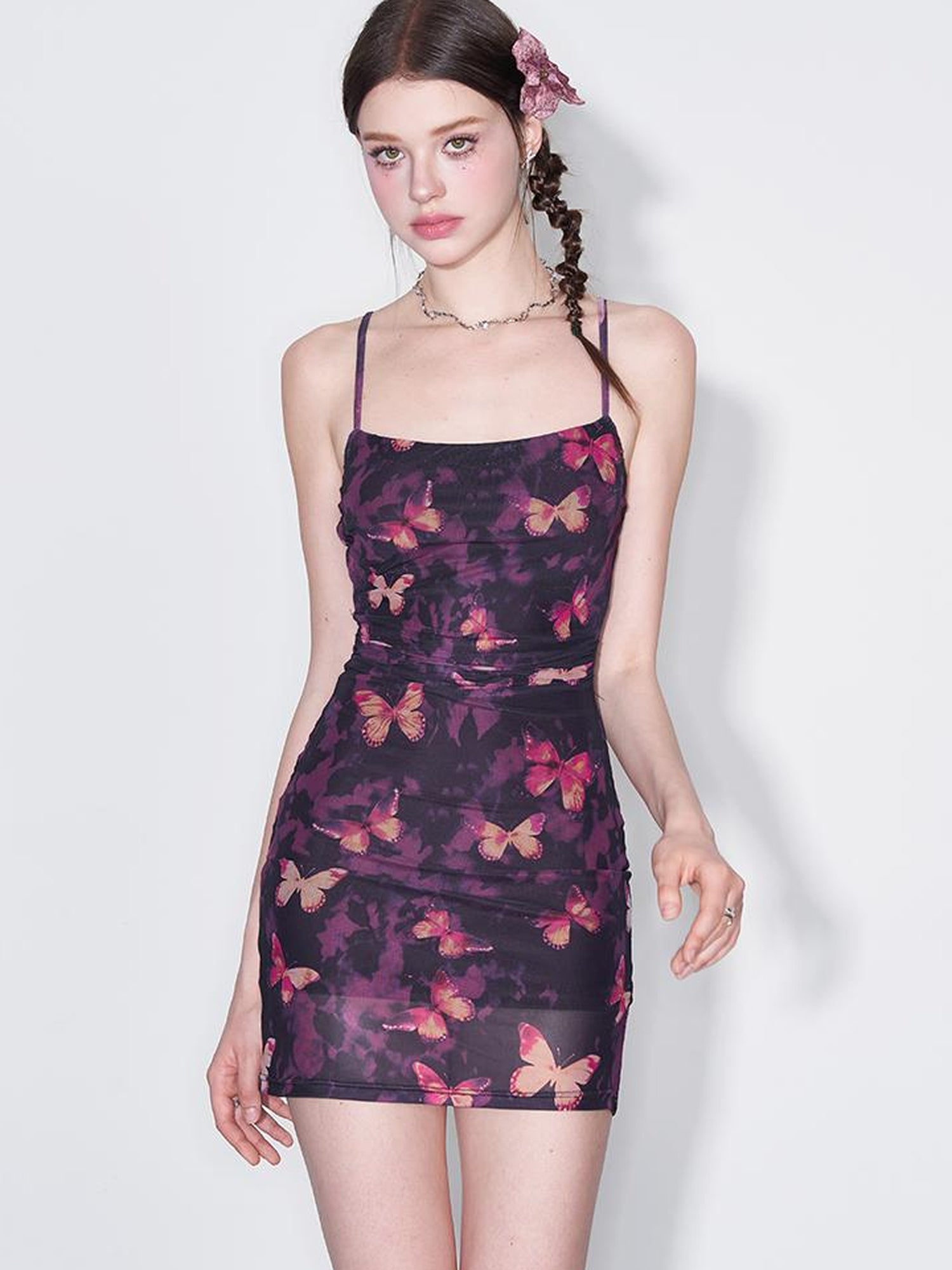 AFTADAWN Iris Dream Butterfly Print Wrap Waist Bodycon Slip Dress
