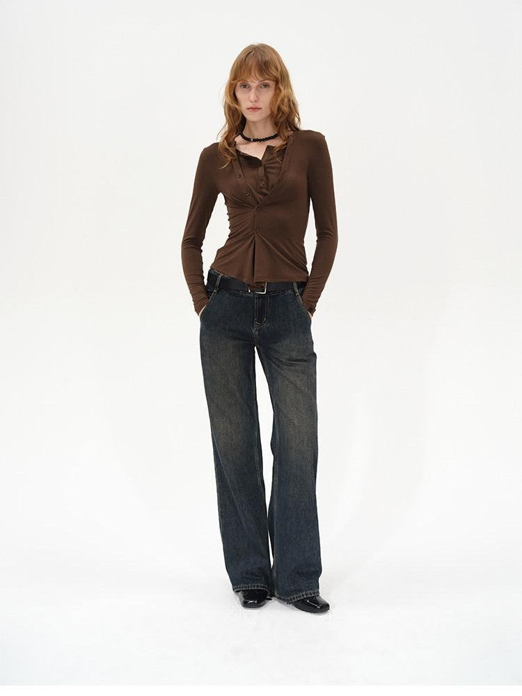 AFTADAWN Irregular Button Placket Faux Layered Women&