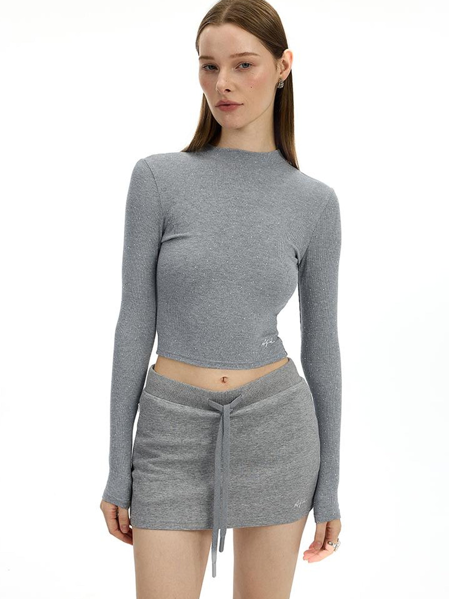 AFTADAWN Irregular Rhinestone Dot Knitted Long Sleeve Top