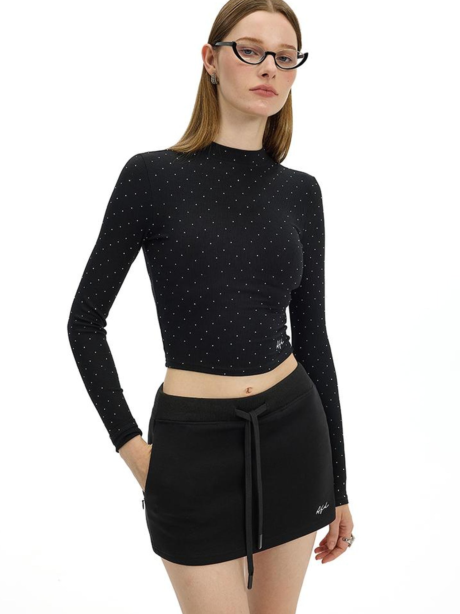 AFTADAWN Irregular Rhinestone Dot Knitted Long Sleeve Top