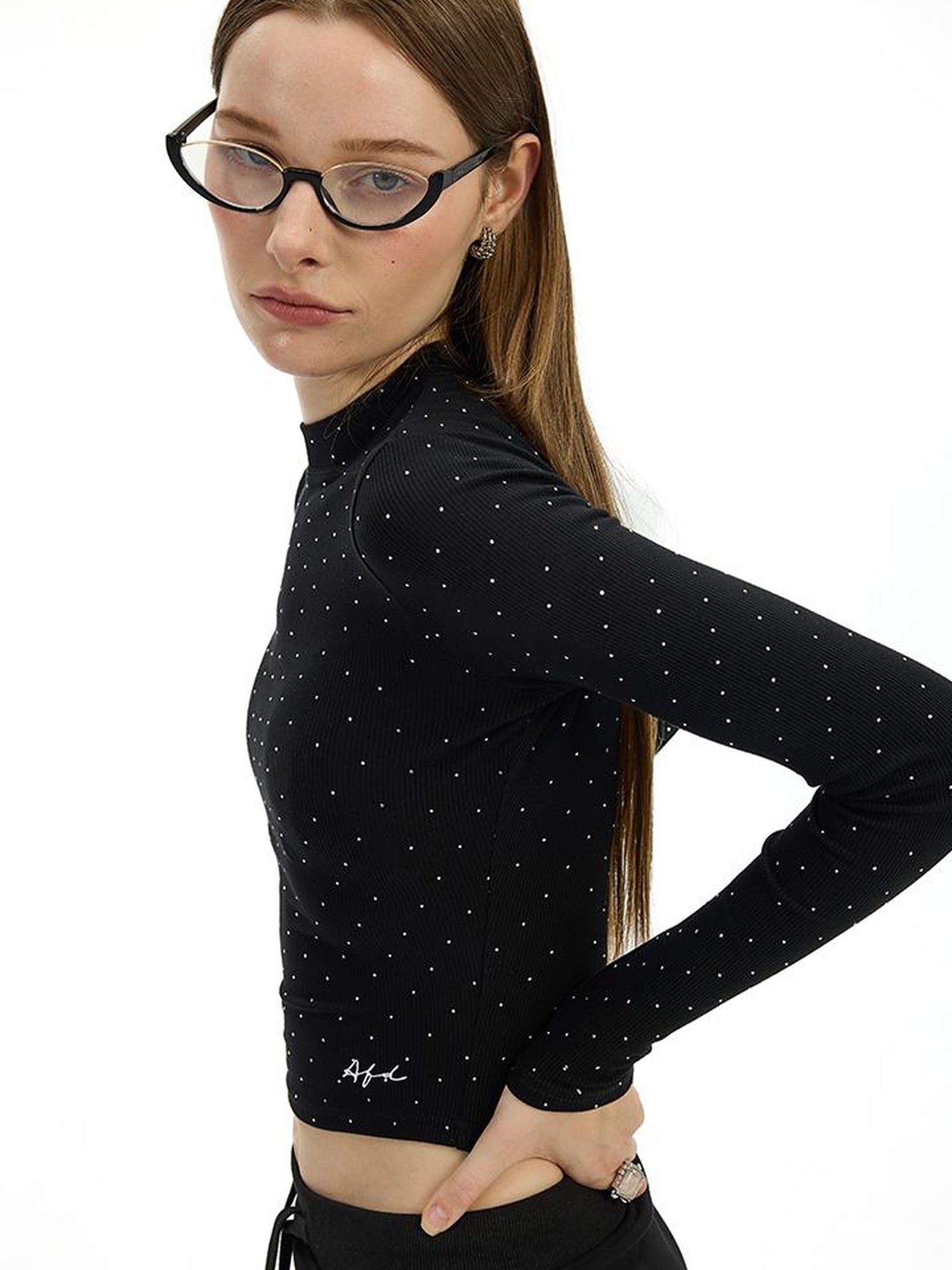 AFTADAWN Irregular Rhinestone Dot Knitted Long Sleeve Top