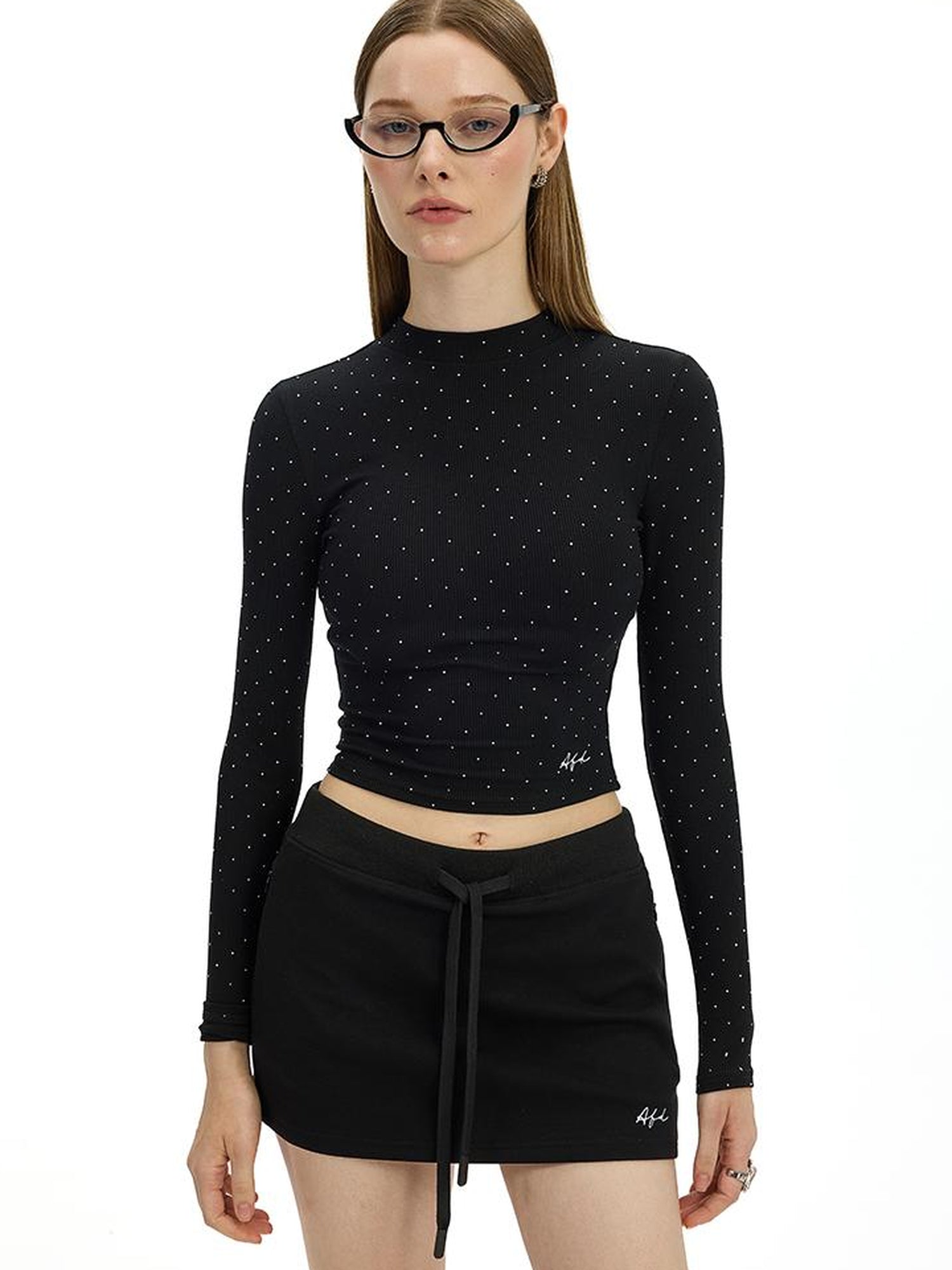 AFTADAWN Irregular Rhinestone Dot Knitted Long Sleeve Top