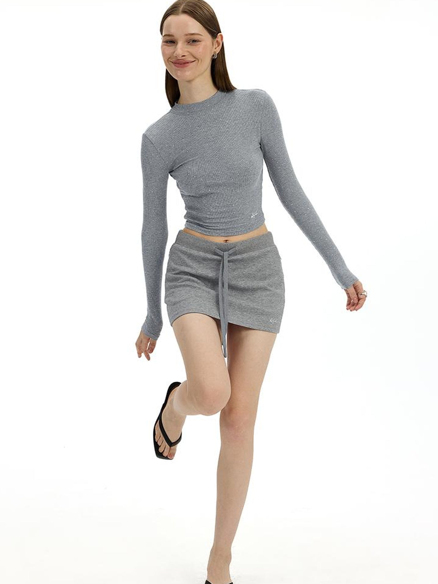 AFTADAWN Irregular Rhinestone Dot Knitted Long Sleeve Top