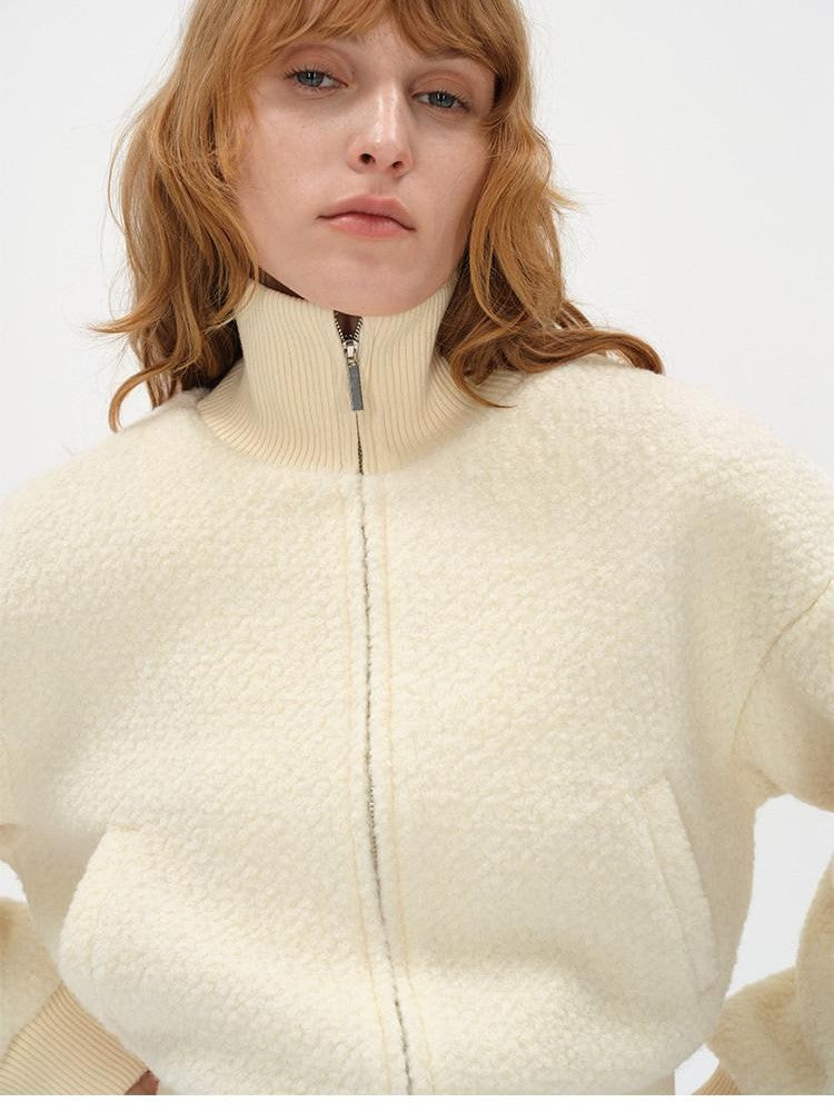 AFTADAWN Ivory Ribbed Knit Zip Stand Collar Women&