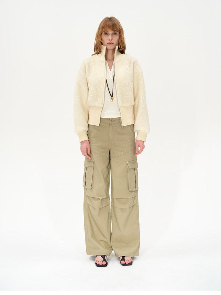 AFTADAWN Ivory Ribbed Knit Zip Stand Collar Women&