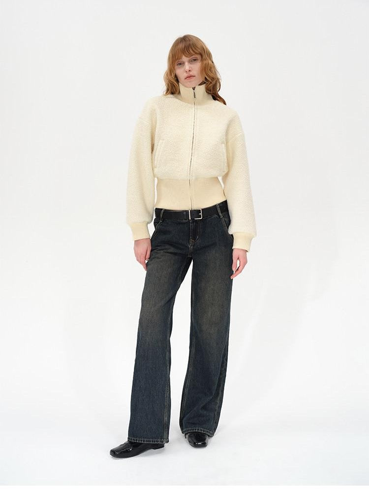 AFTADAWN Ivory Ribbed Knit Zip Stand Collar Women&