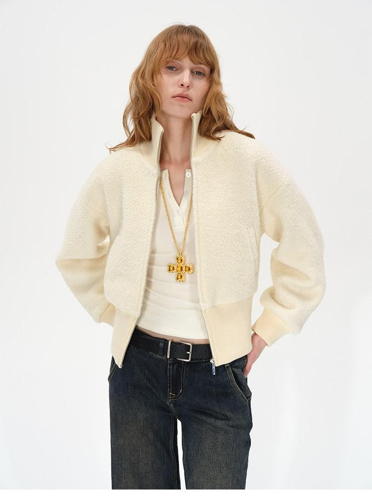 AFTADAWN Ivory Ribbed Knit Zip Stand Collar Women&