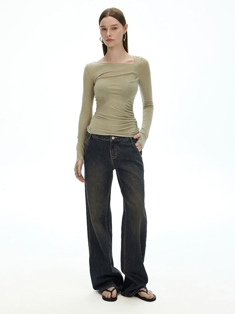 AFTADAWN Khaki Asymmetric Pleated Shoulder Women&