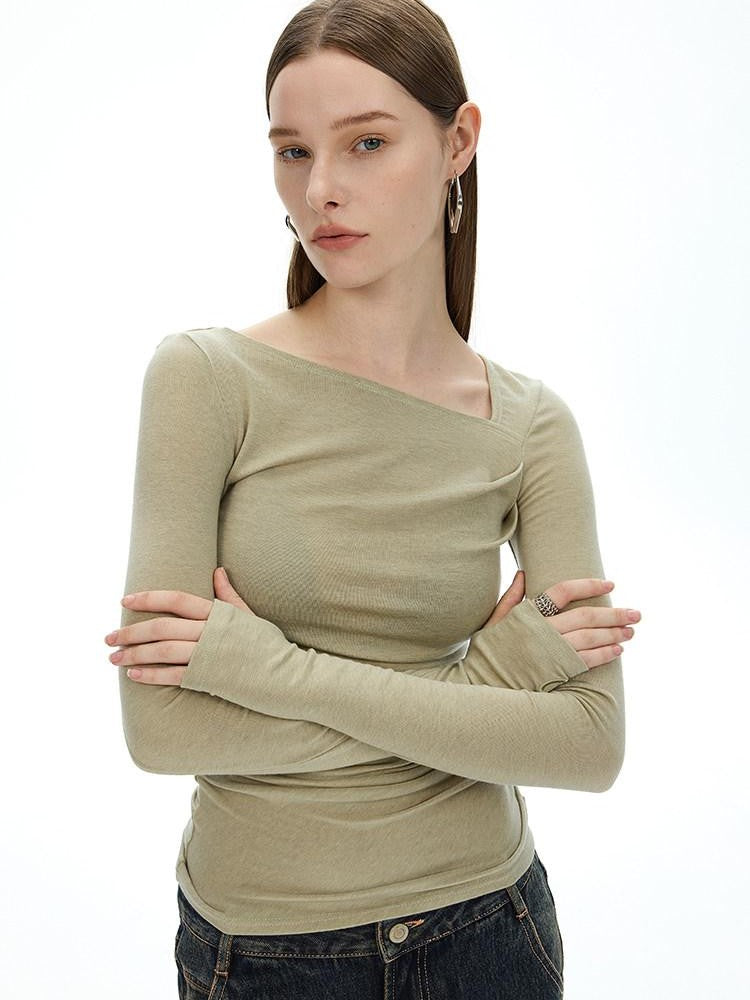 AFTADAWN Khaki Asymmetric Pleated Shoulder Women&