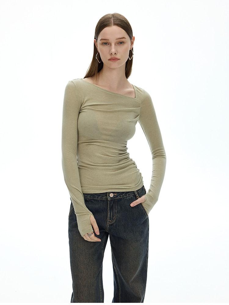 AFTADAWN Khaki Asymmetric Pleated Shoulder Women&