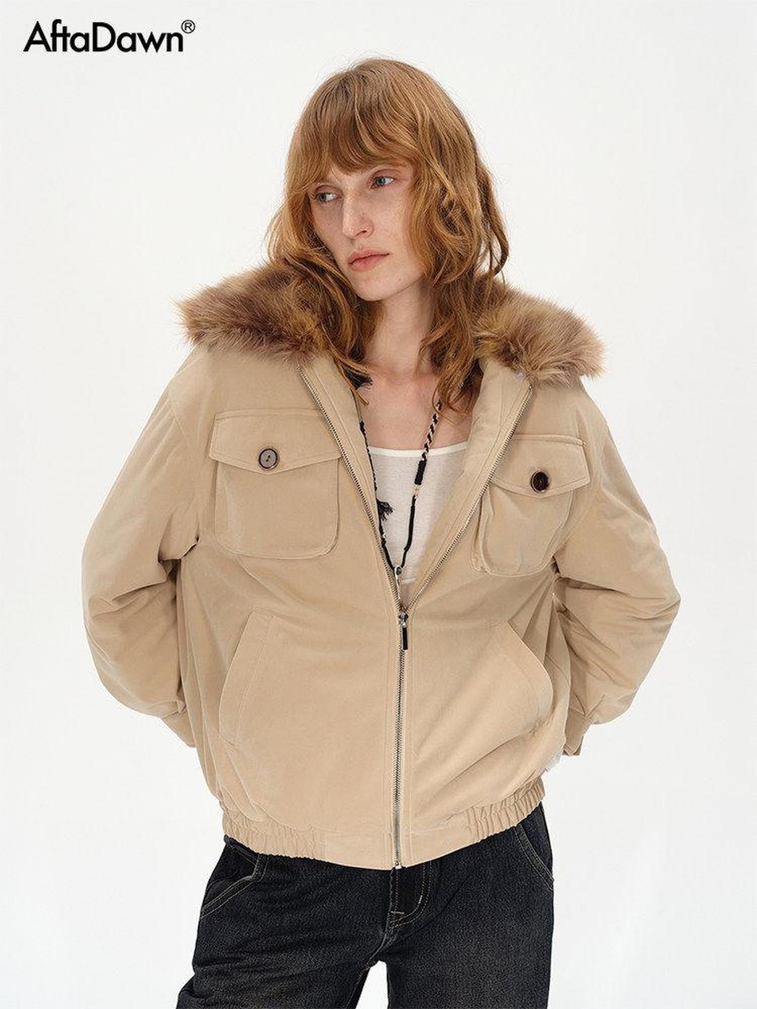 AFTADAWN Khaki Detachable Fur Collar Panelled Women&