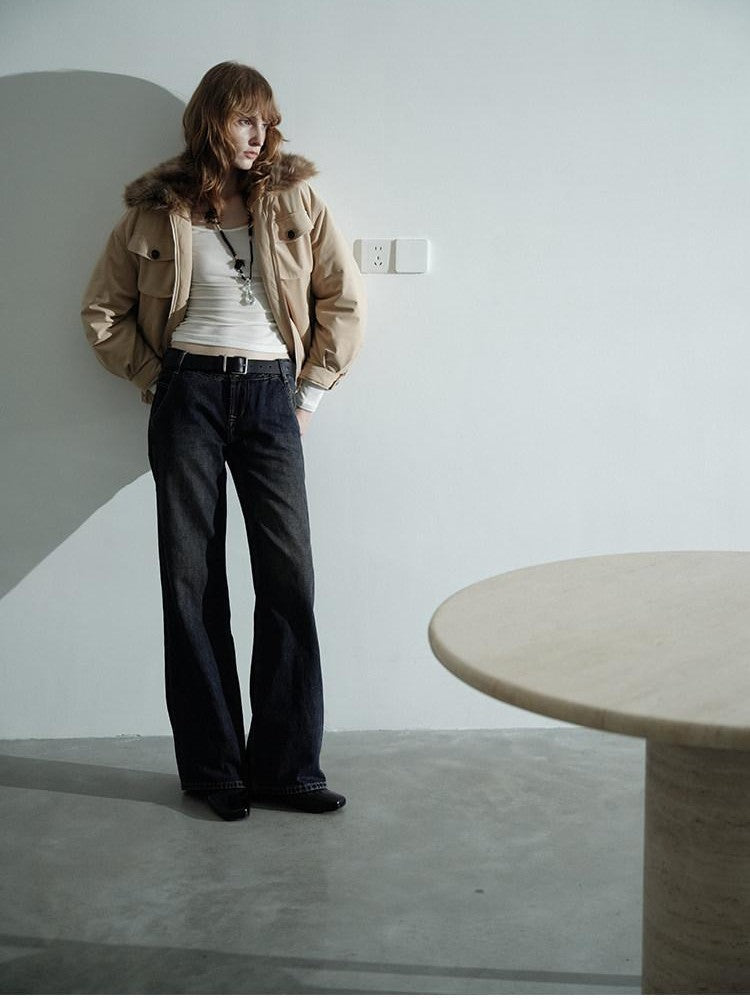 AFTADAWN Khaki Detachable Fur Collar Panelled Women&
