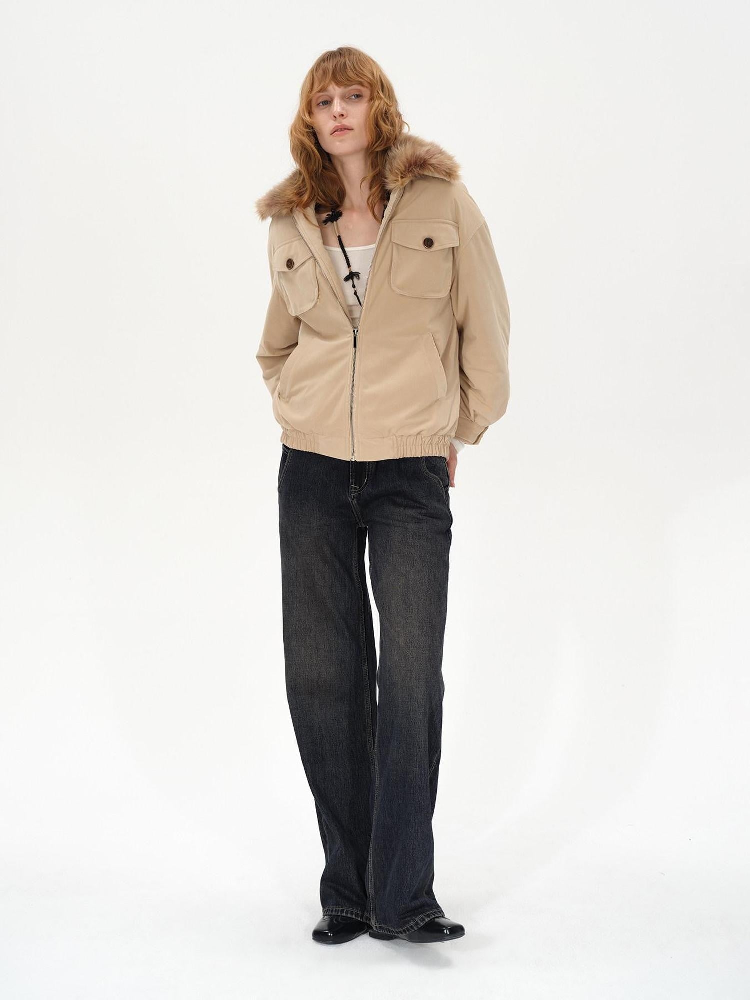 AFTADAWN Khaki Detachable Fur Collar Panelled Women&