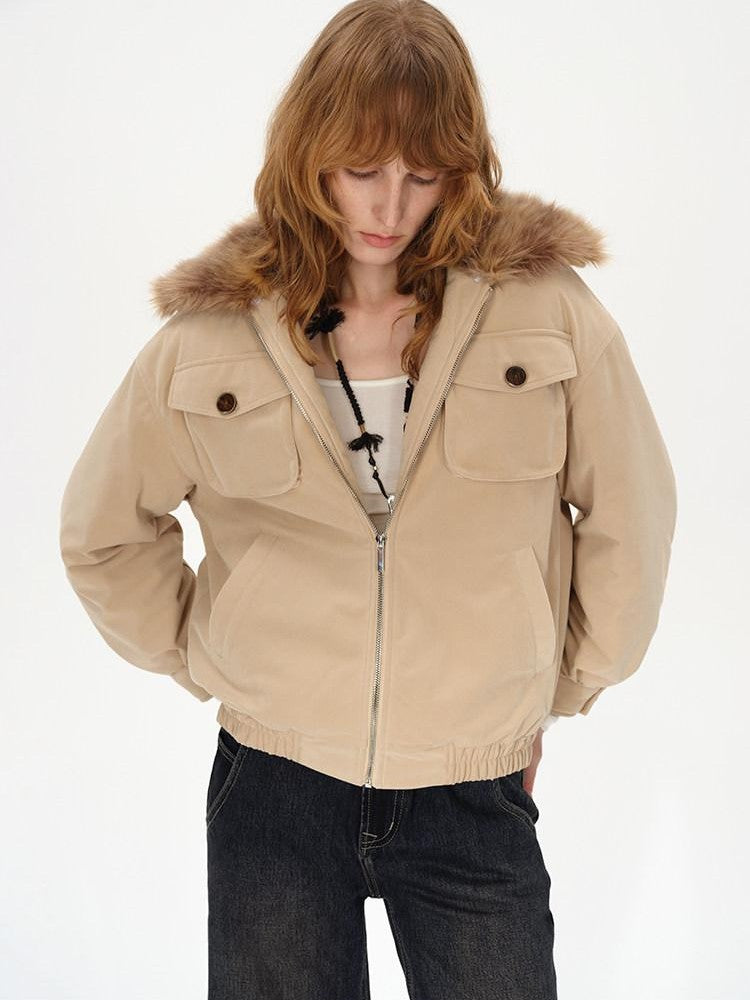 AFTADAWN Khaki Detachable Fur Collar Panelled Women&