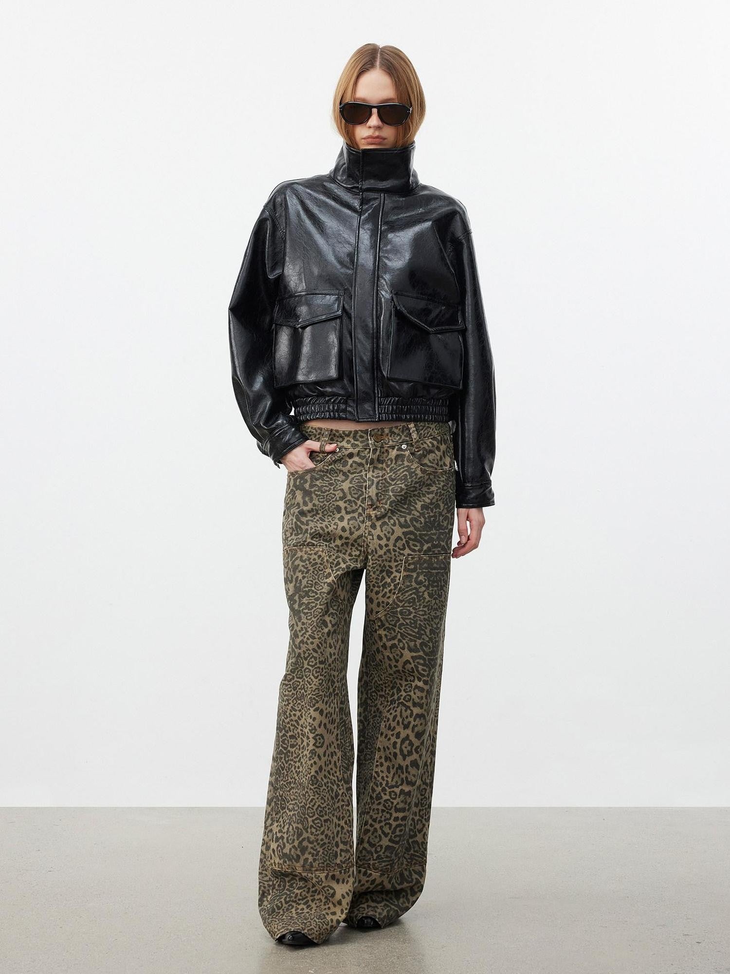 AFTADAWN Khaki Washed Leopard Print Boxy Natural Waist Women&