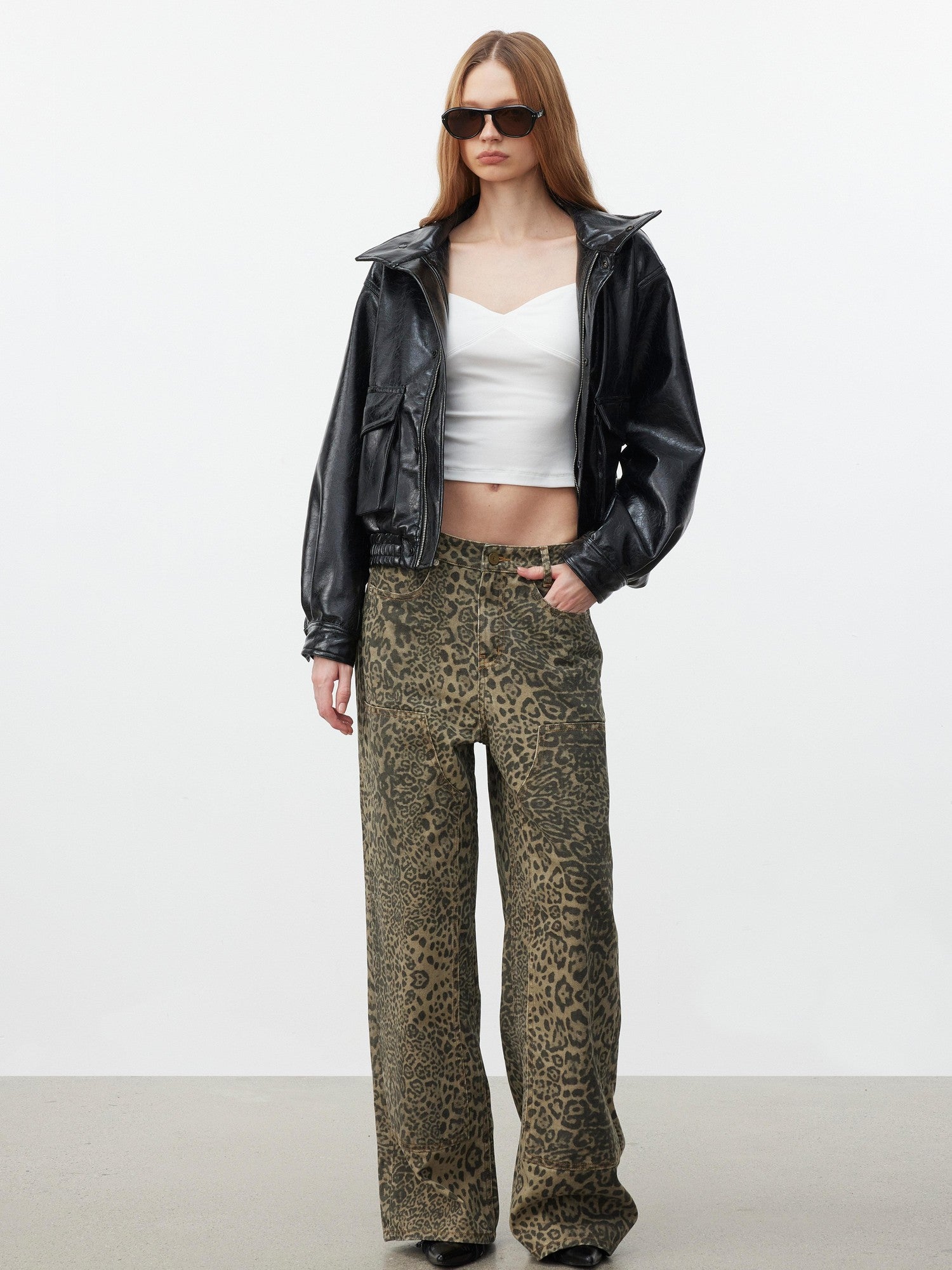 AFTADAWN Khaki Washed Leopard Print Boxy Natural Waist Women&