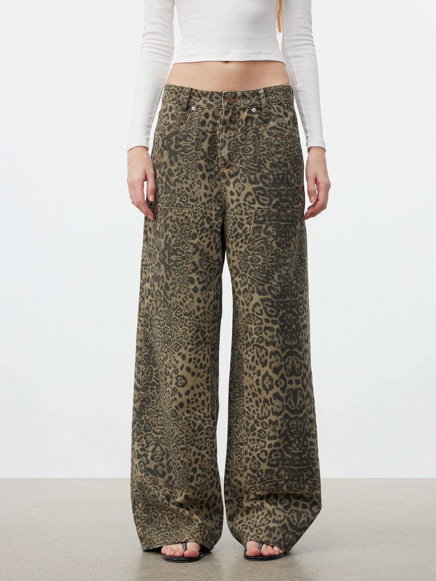 AFTADAWN Khaki Washed Leopard Print Boxy Natural Waist Women&
