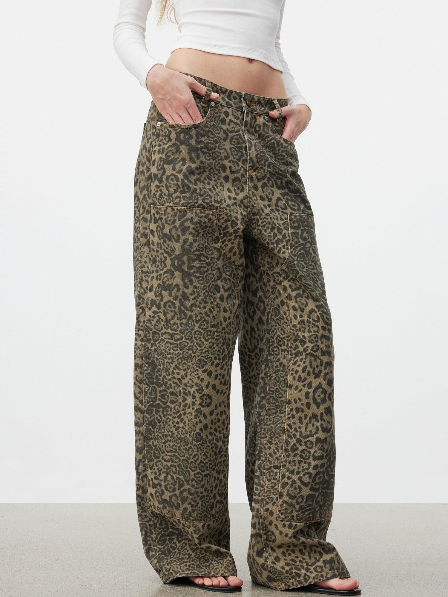 AFTADAWN Khaki Washed Leopard Print Boxy Natural Waist Women&