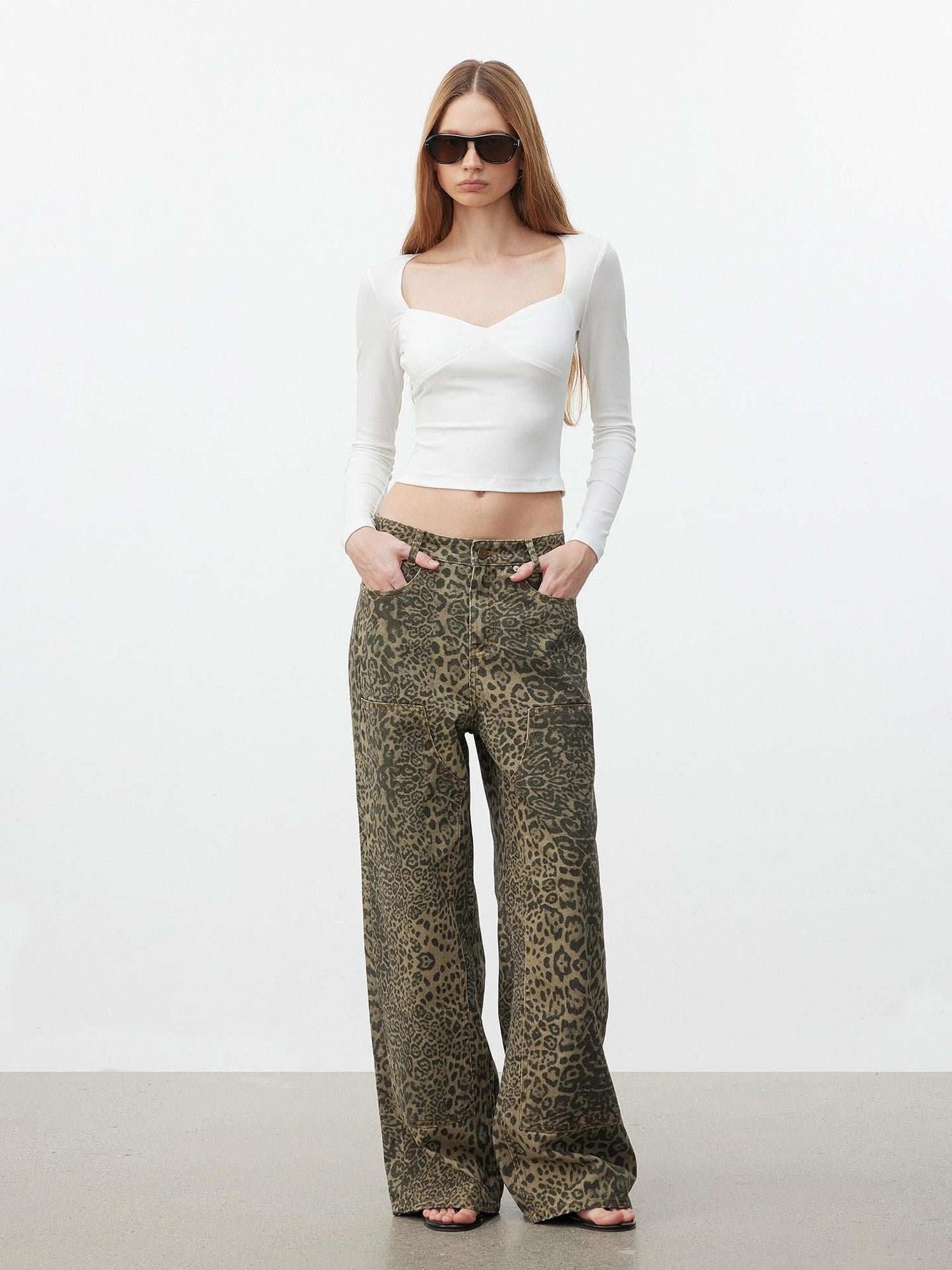 AFTADAWN Khaki Washed Leopard Print Boxy Natural Waist Women&