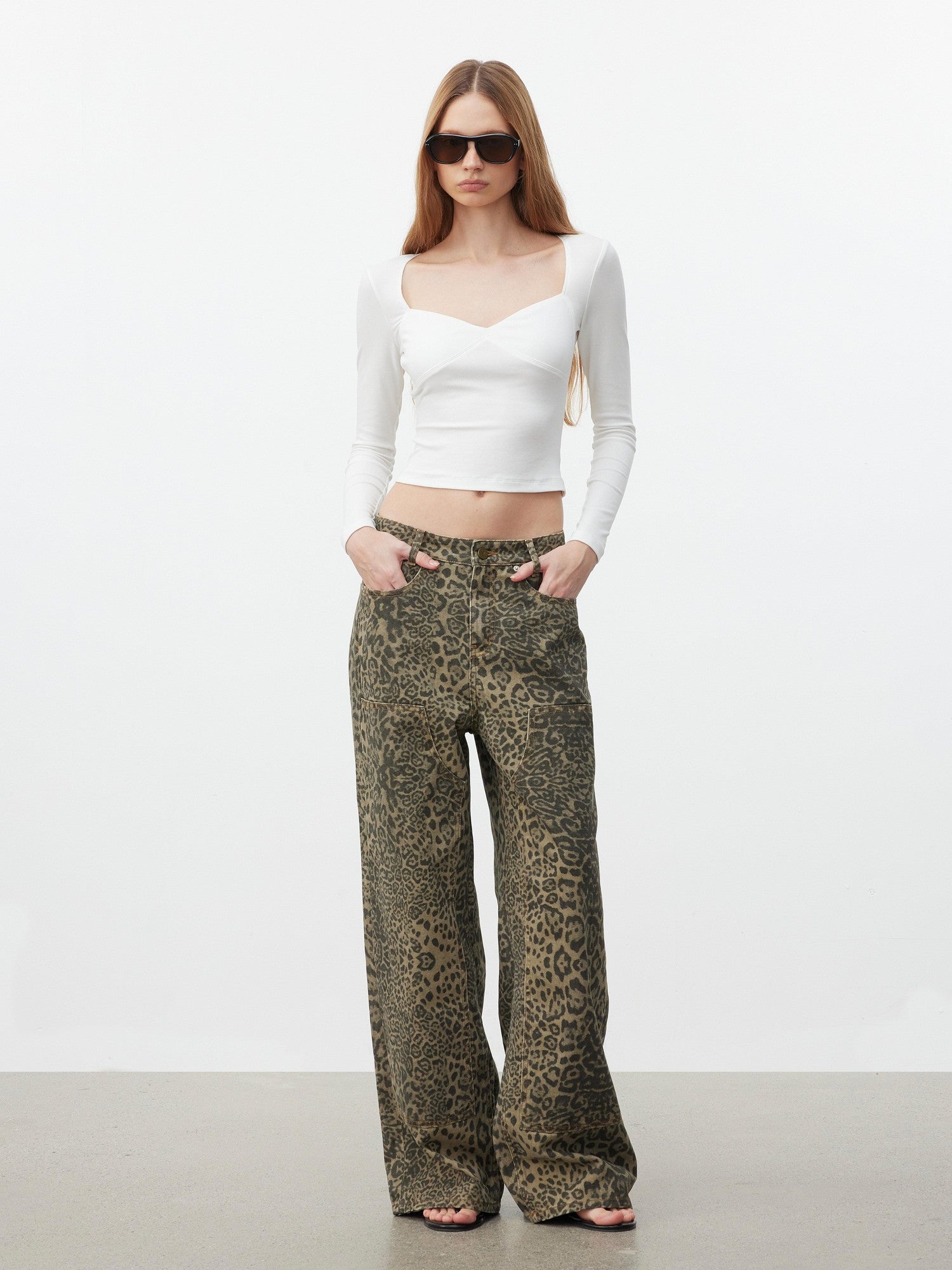 AFTADAWN Khaki Washed Leopard Print Boxy Natural Waist Women&