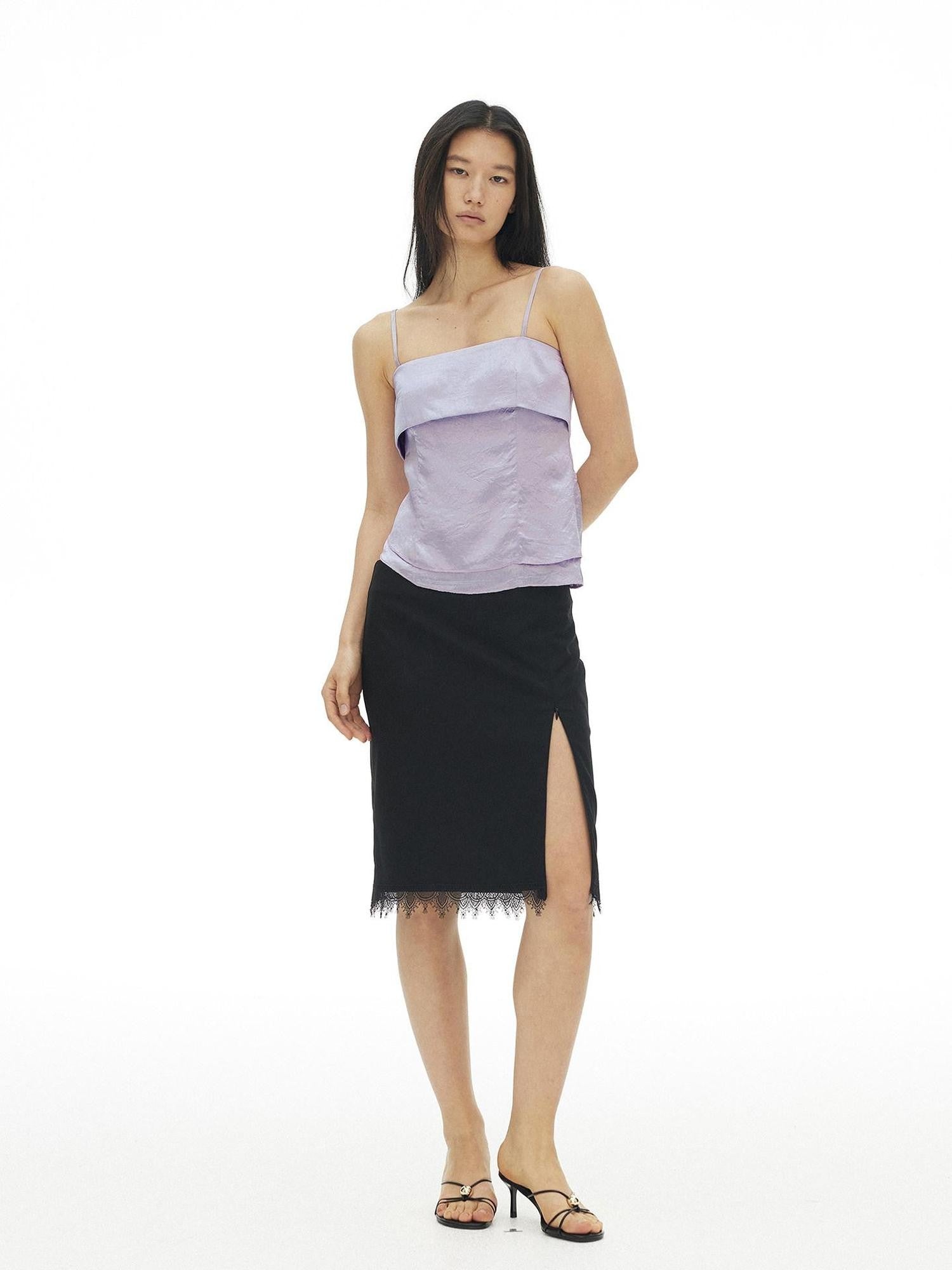 AFTADAWN Lace Trim Side Slit Hidden Zipper Straight Women&