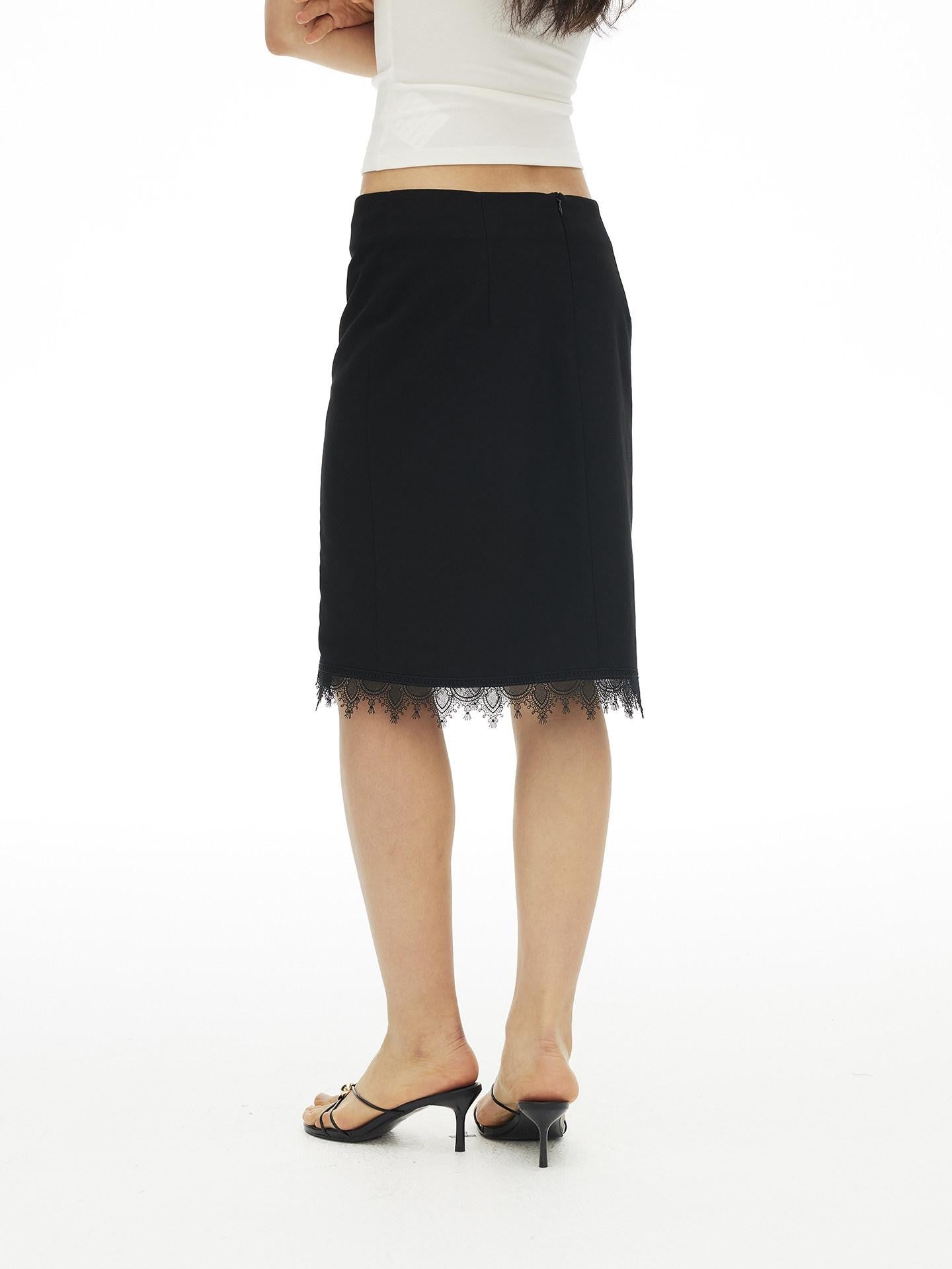 AFTADAWN Lace Trim Side Slit Hidden Zipper Straight Women&