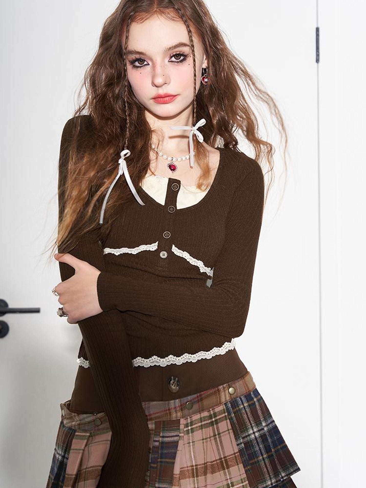 AFTADAWN Lace Trimmed Ribbed Knit Top