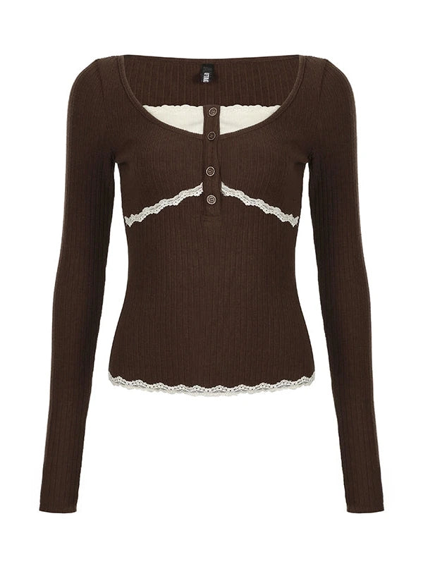 Lace Trimmed Ribbed Knit Top