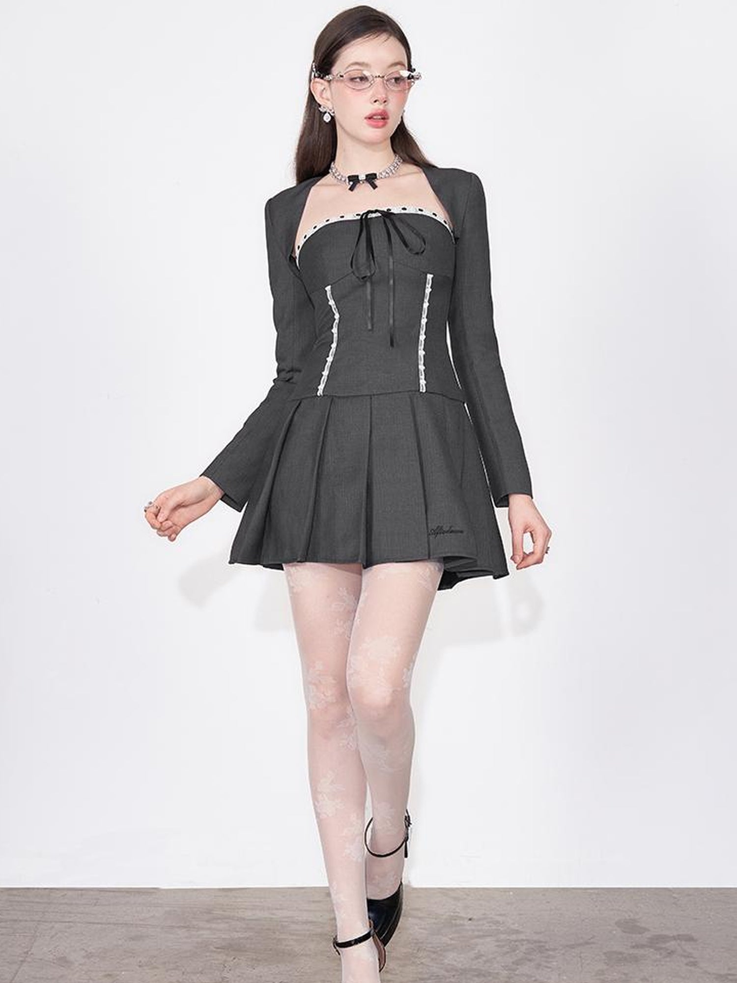 AFTADAWN Lace Up Striped Wool Blazer Dress With Sleeveless Vest