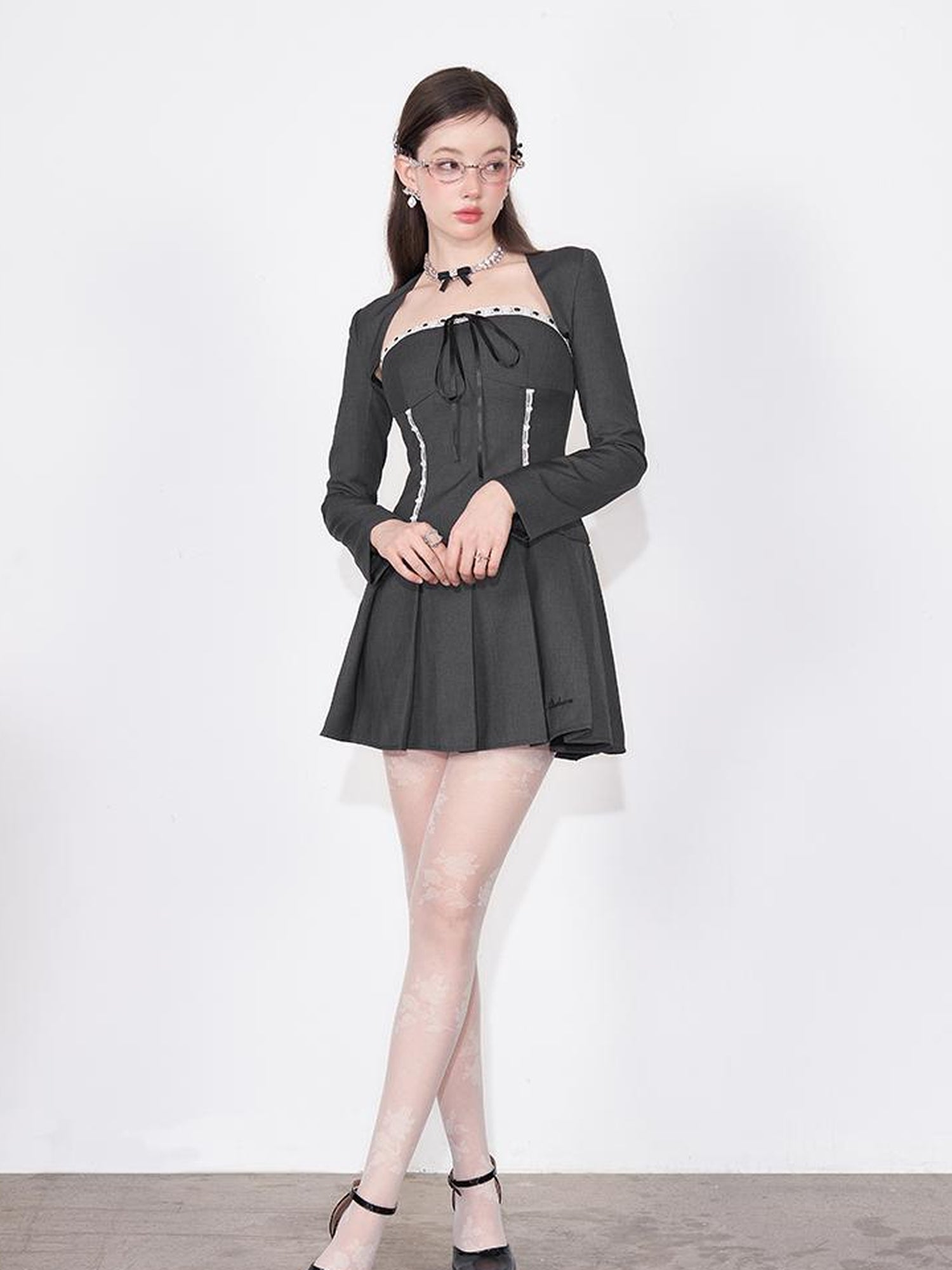 AFTADAWN Lace Up Striped Wool Blazer Dress With Sleeveless Vest