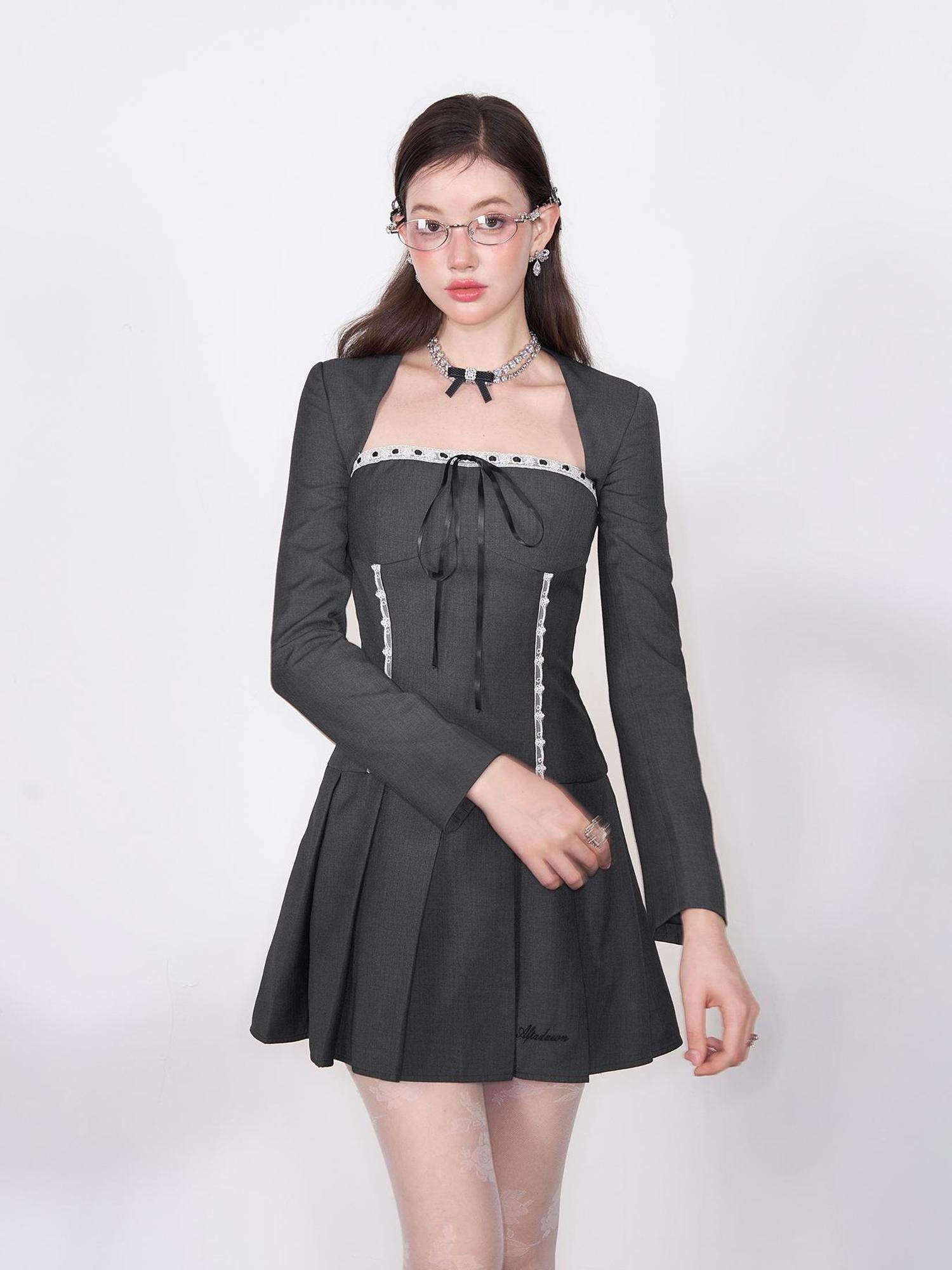 AFTADAWN Lace Up Striped Wool Blazer Dress With Sleeveless Vest