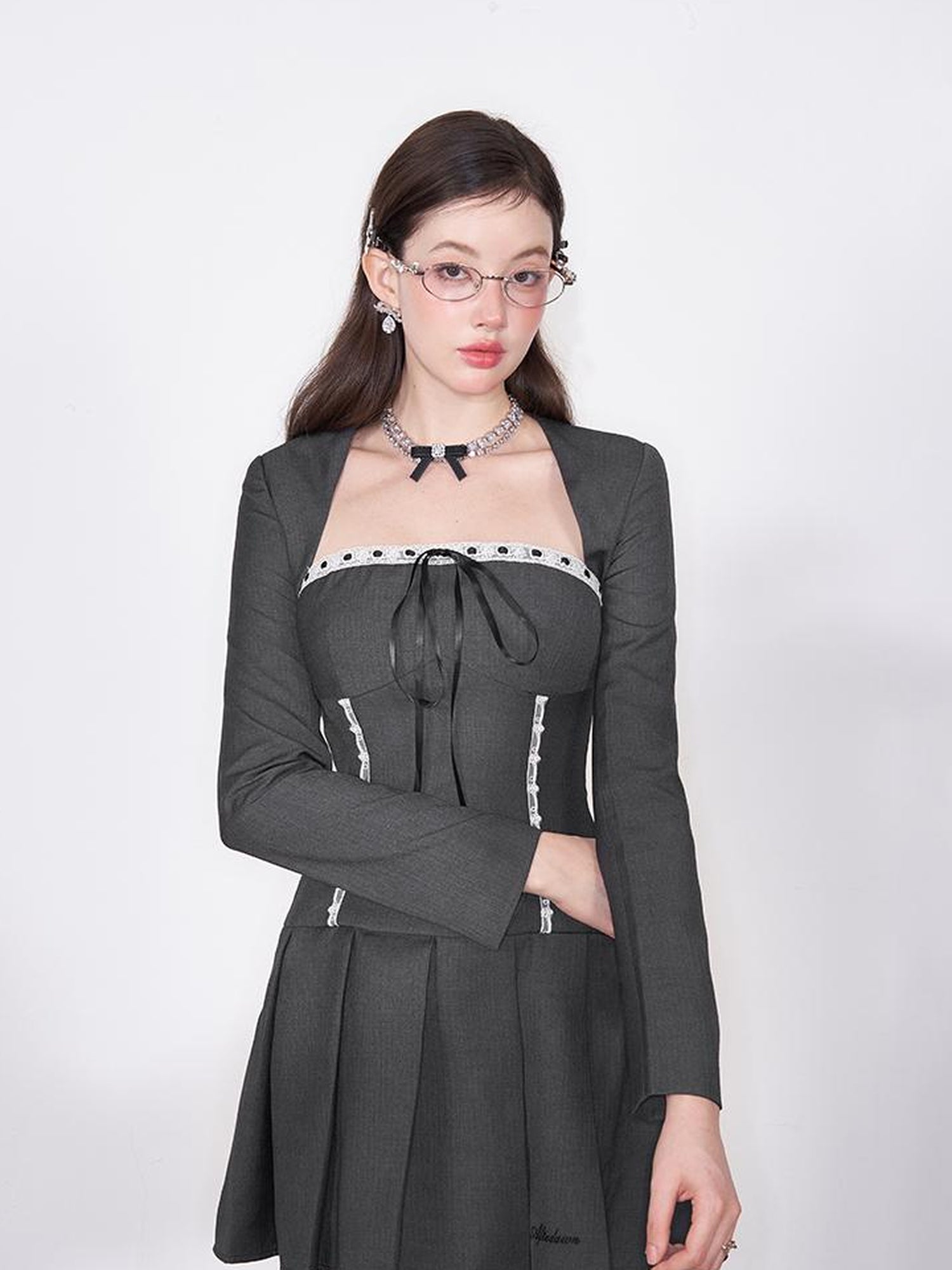 AFTADAWN Lace Up Striped Wool Blazer Dress With Sleeveless Vest