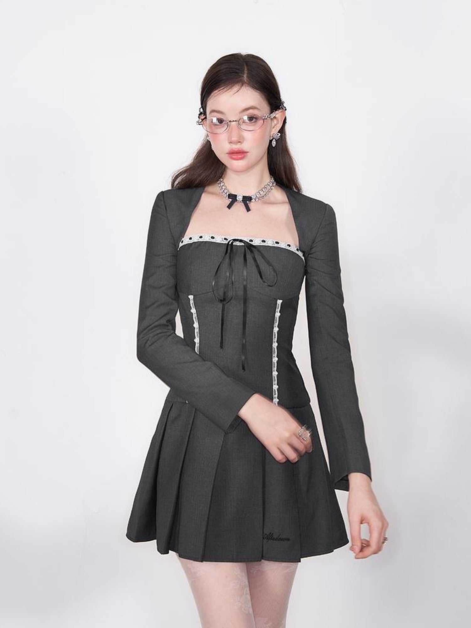 AFTADAWN Lace Up Striped Wool Blazer Dress With Sleeveless Vest