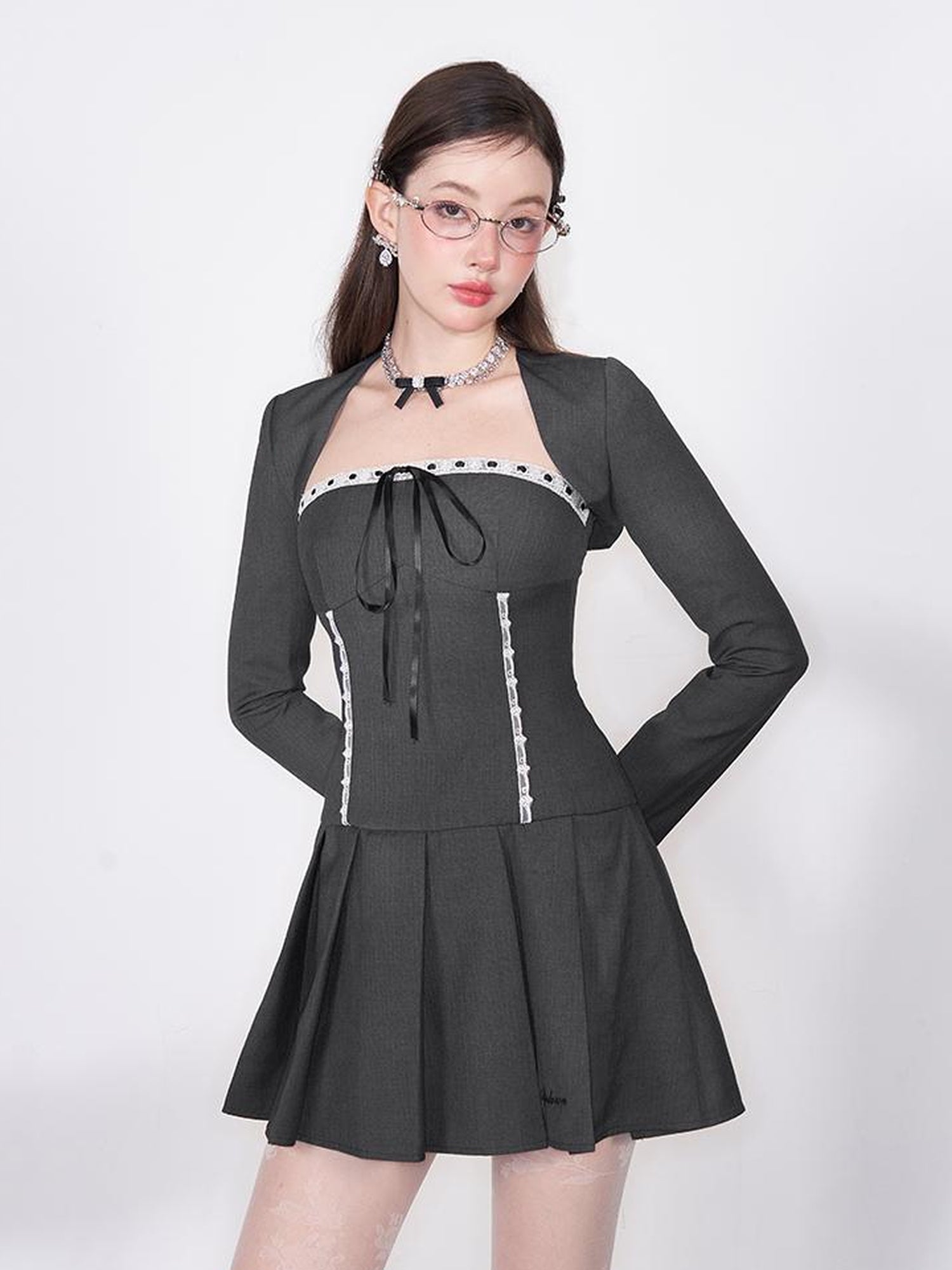 AFTADAWN Lace Up Striped Wool Blazer Dress With Sleeveless Vest