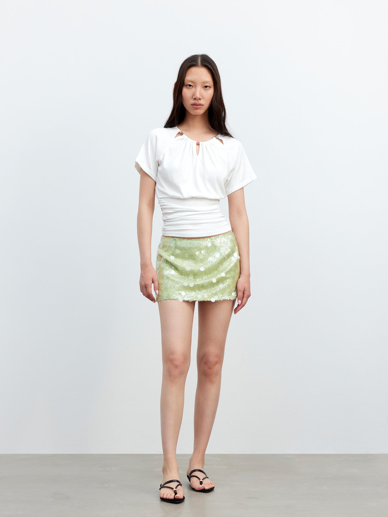 AFTADAWN Ladies V-Neck Beaded Waist Detail Modal Top