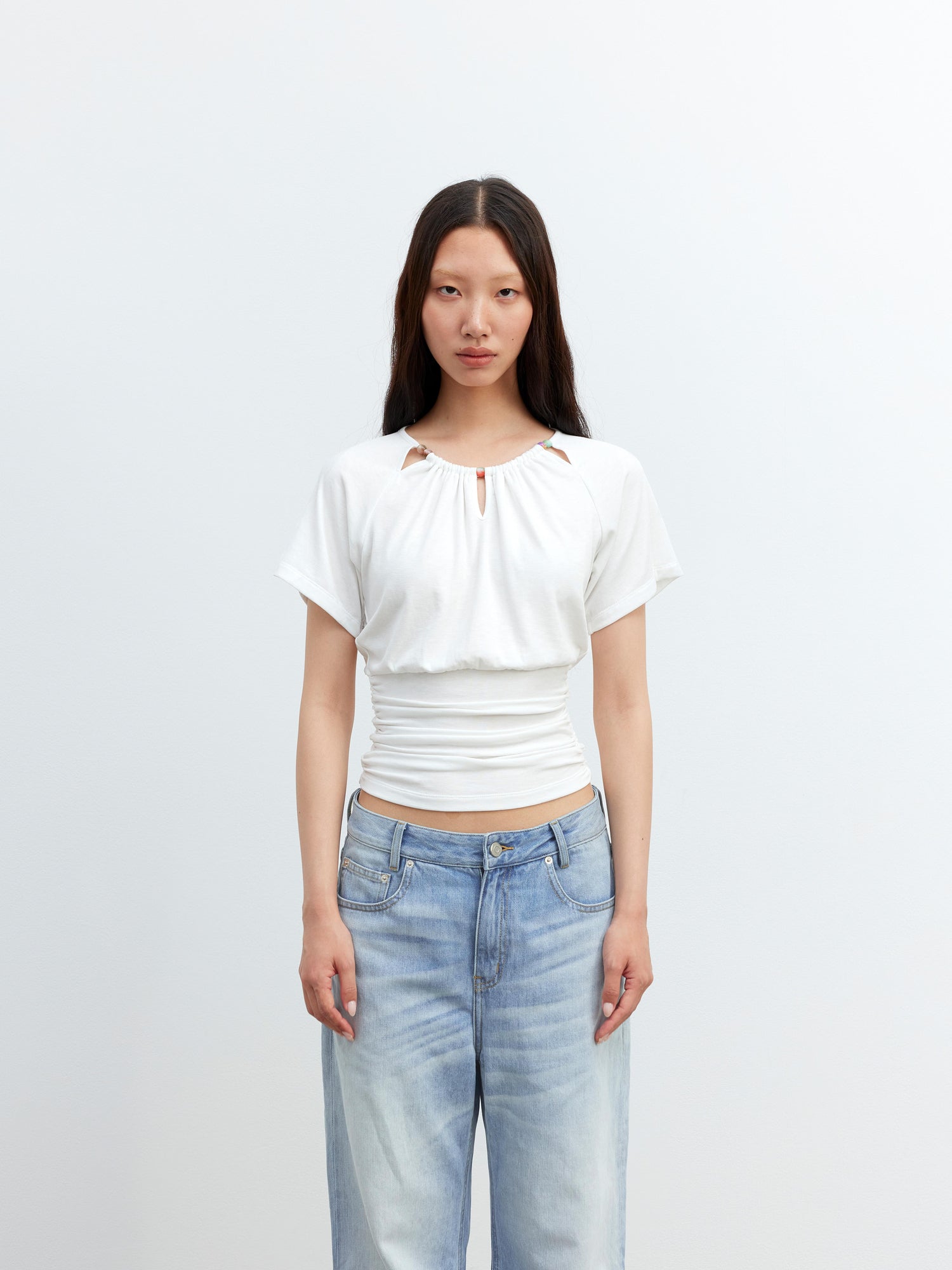 AFTADAWN Ladies V-Neck Beaded Waist Detail Modal Top