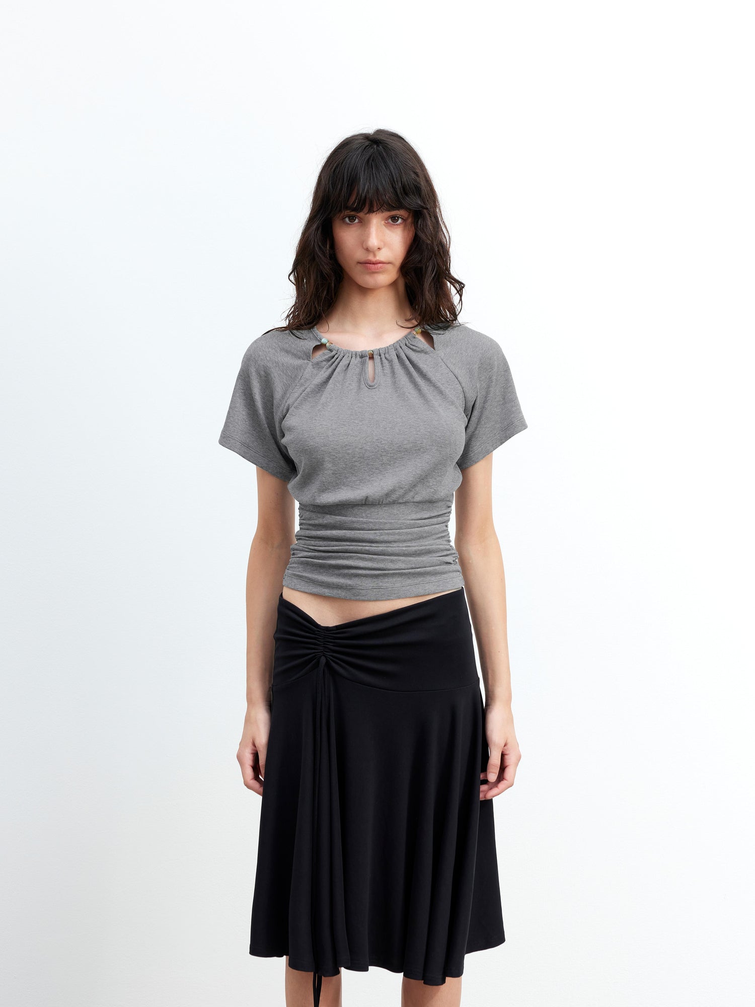 AFTADAWN Ladies V-Neck Beaded Waist Detail Modal Top