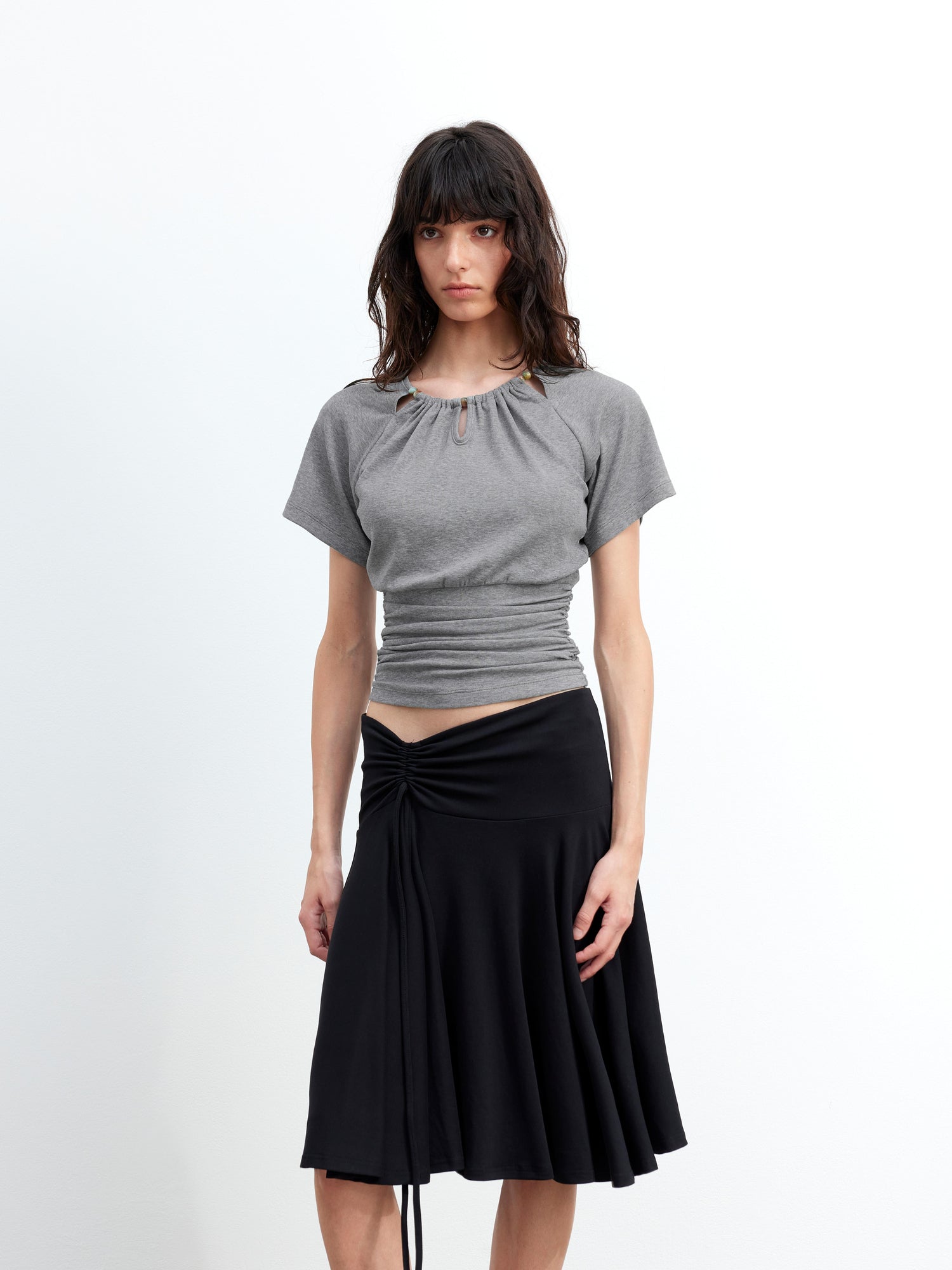 AFTADAWN Ladies V-Neck Beaded Waist Detail Modal Top