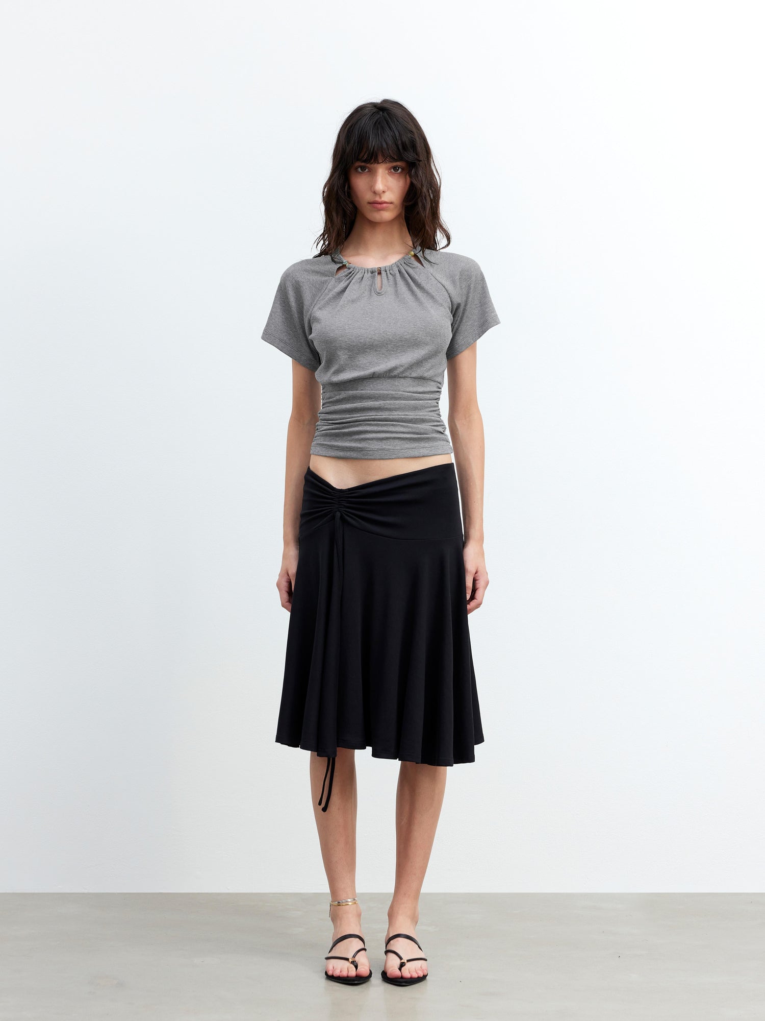 AFTADAWN Ladies V-Neck Beaded Waist Detail Modal Top