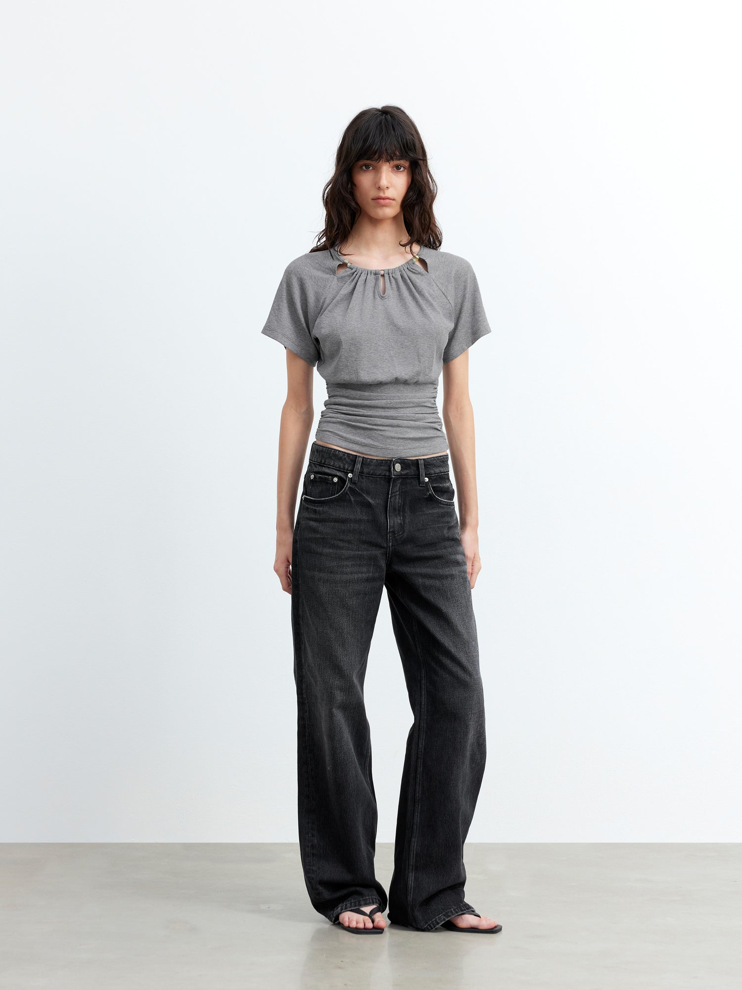 AFTADAWN Ladies V-Neck Beaded Waist Detail Modal Top